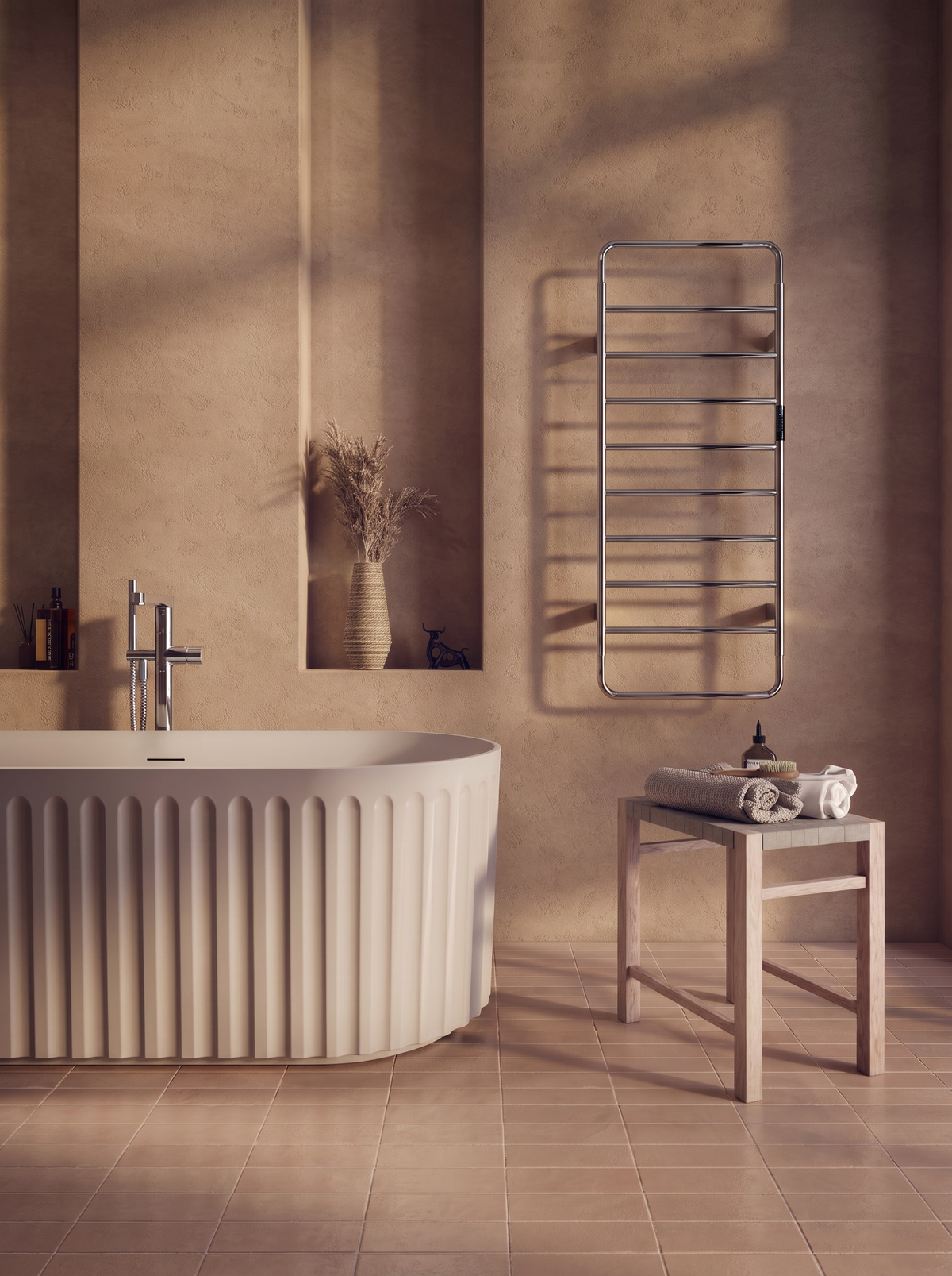 Scudo Aura Electric Towel Rail 1200 x 500mm, Chrome in a bathroom setting