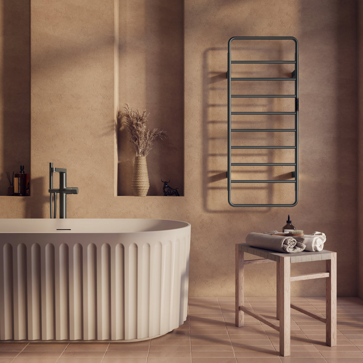Scudo Aura Electric Towel Rail 1200 x 500mm, Gun Metal in a bathroom setting