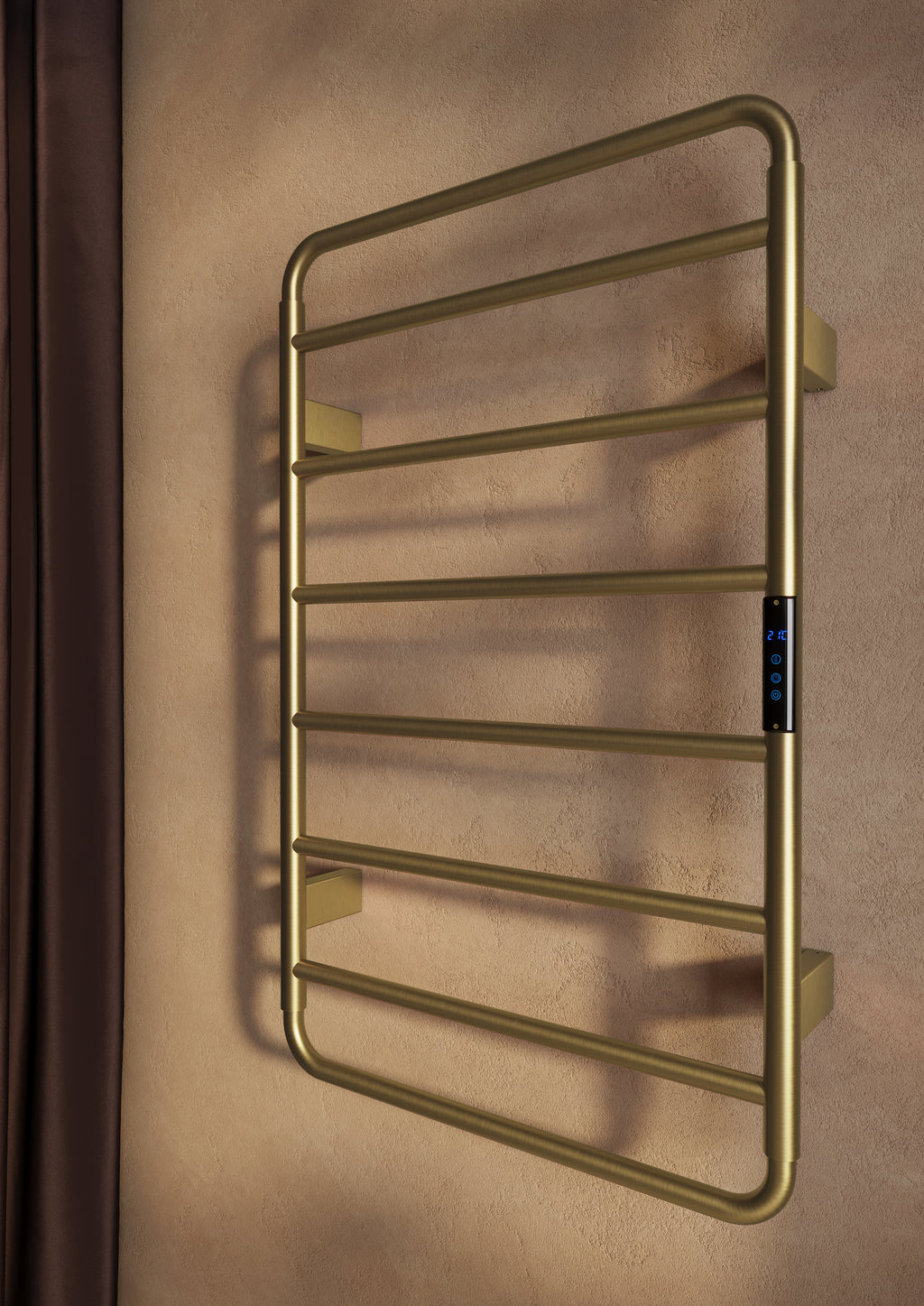 Scudo Aura Electric Towel Rail 800 x 500mm, Brushed Brass in a bathroom setting