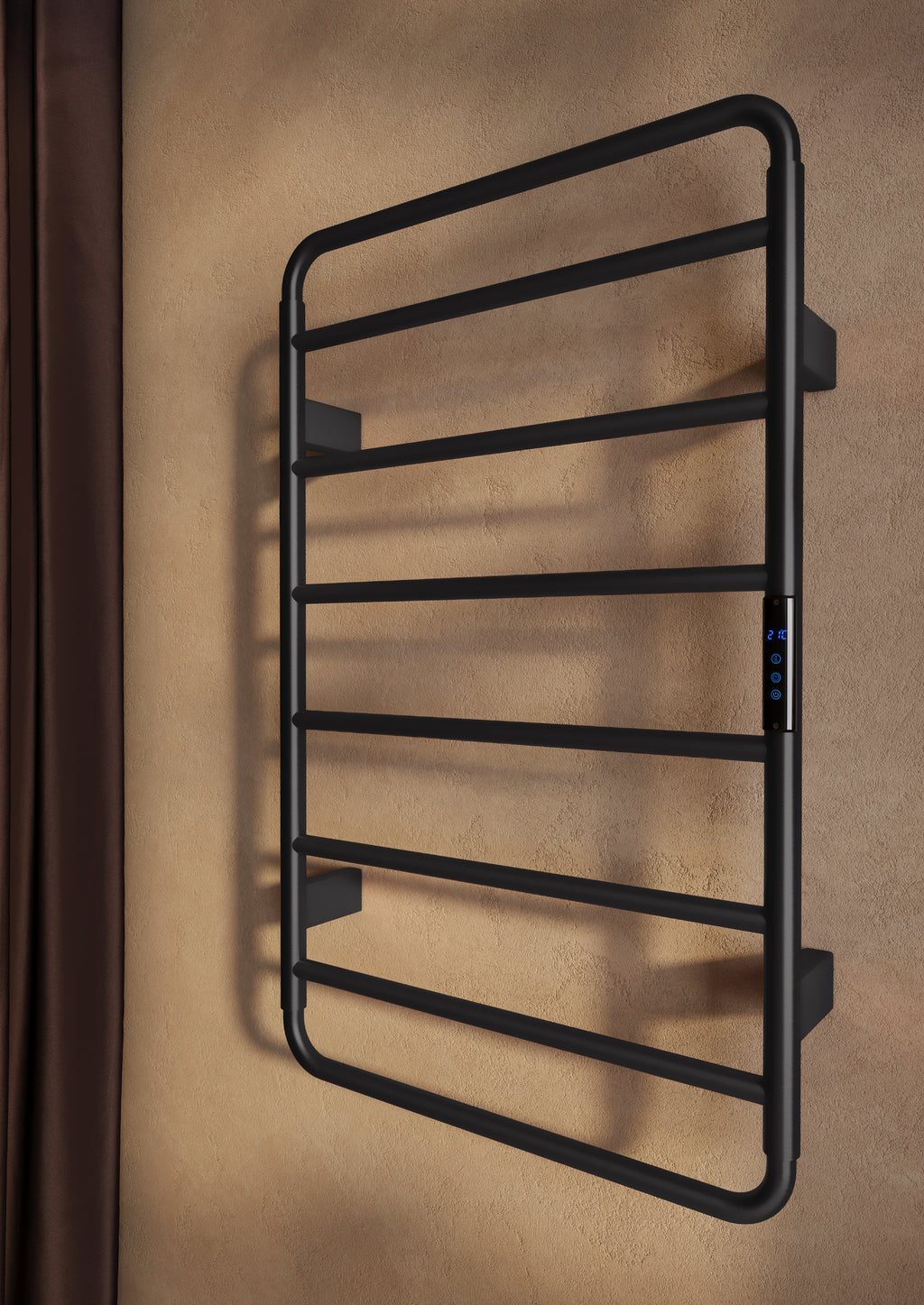 Scudo Aura Electric Towel Rail 800 x 500mm, Matt Black in a bathroom setting