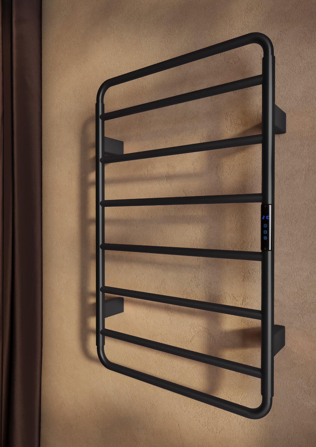 Scudo Aura Electric Towel Rail 800 x 500mm, Matt Black in a bathroom setting
