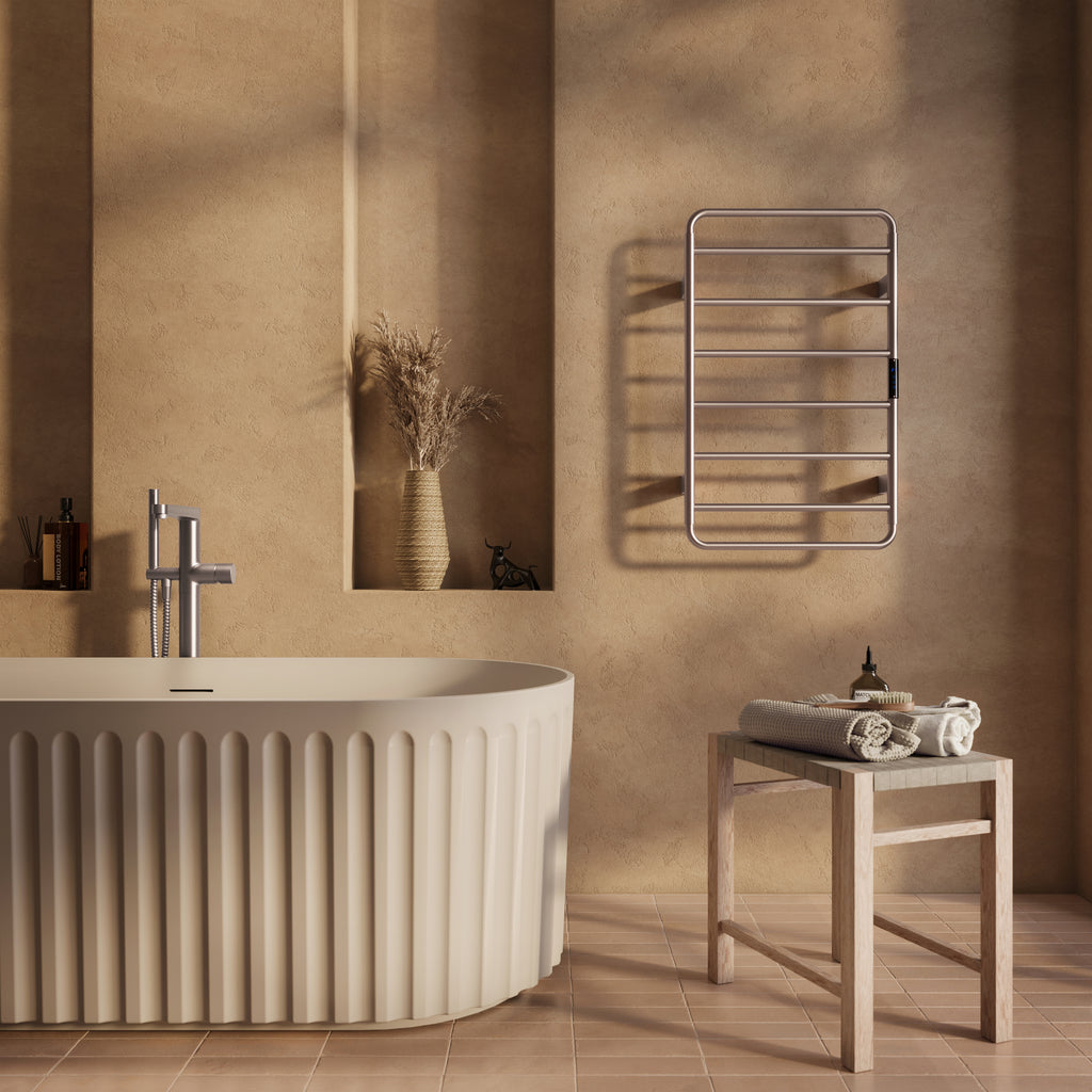 Scudo Aura Electric Towel Rail 800 x 500mm, Brushed Nickel in a bathroom setting