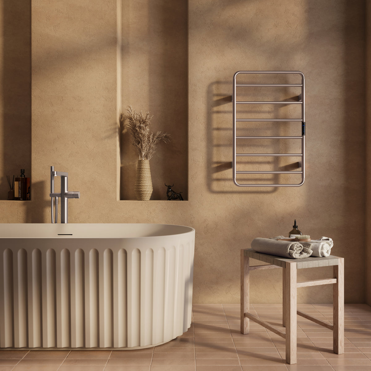 Scudo Aura Electric Towel Rail 800 x 500mm, Brushed Nickel in a bathroom setting