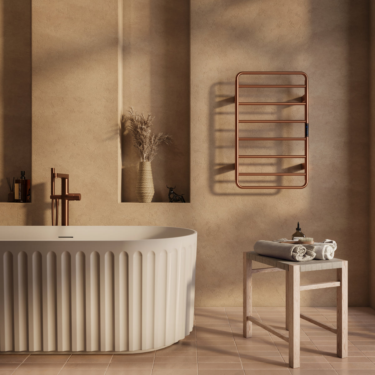 Scudo Aura Electric Towel Rail 800 x 500mm, Brushed Bronze in a bathroom setting