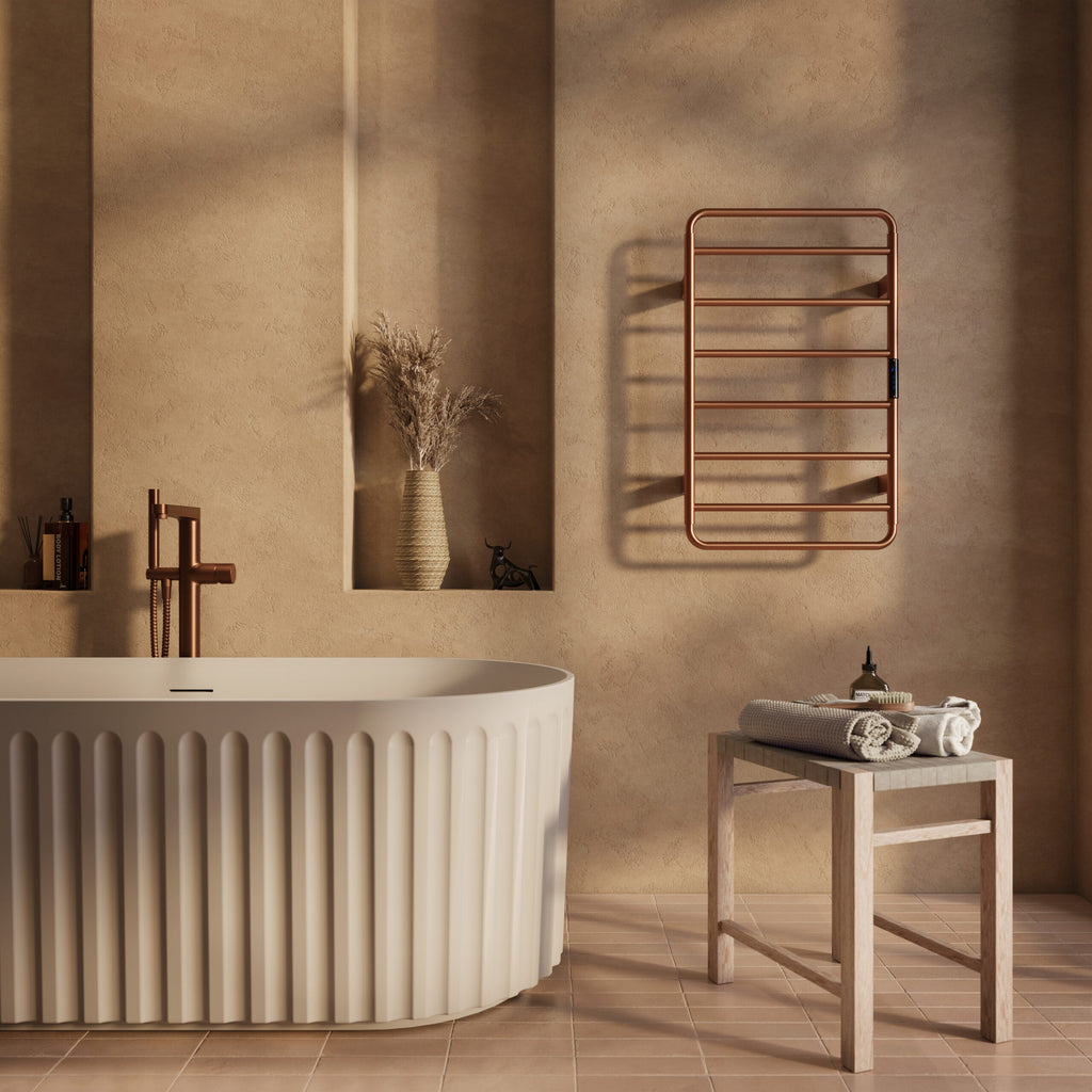 Scudo Aura Electric Towel Rail 800 x 500mm, Brushed Bronze in a bathroom setting