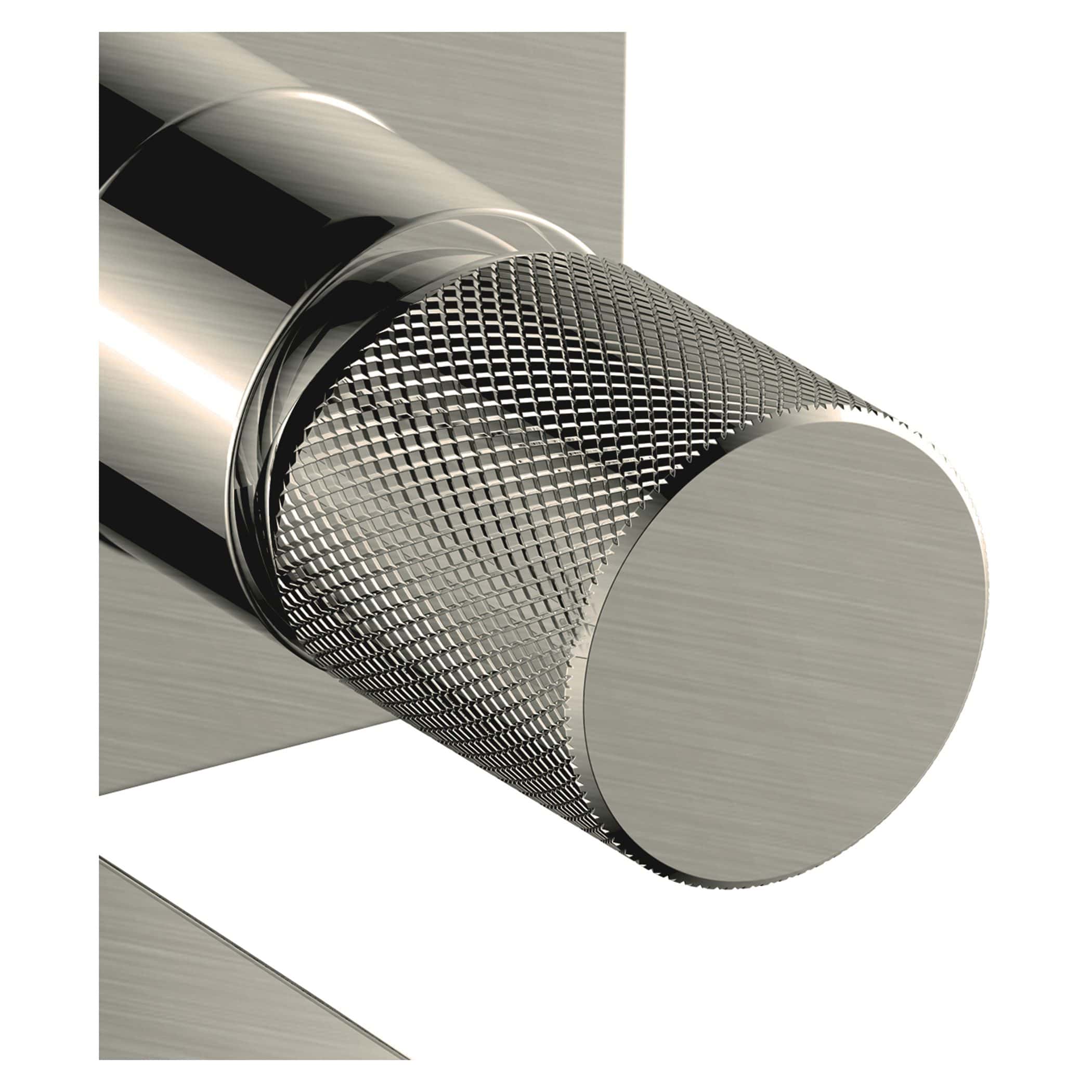 Sleek stainless steel bathroom tap handle with textured grip, modern kitchen fixture, close-up view.