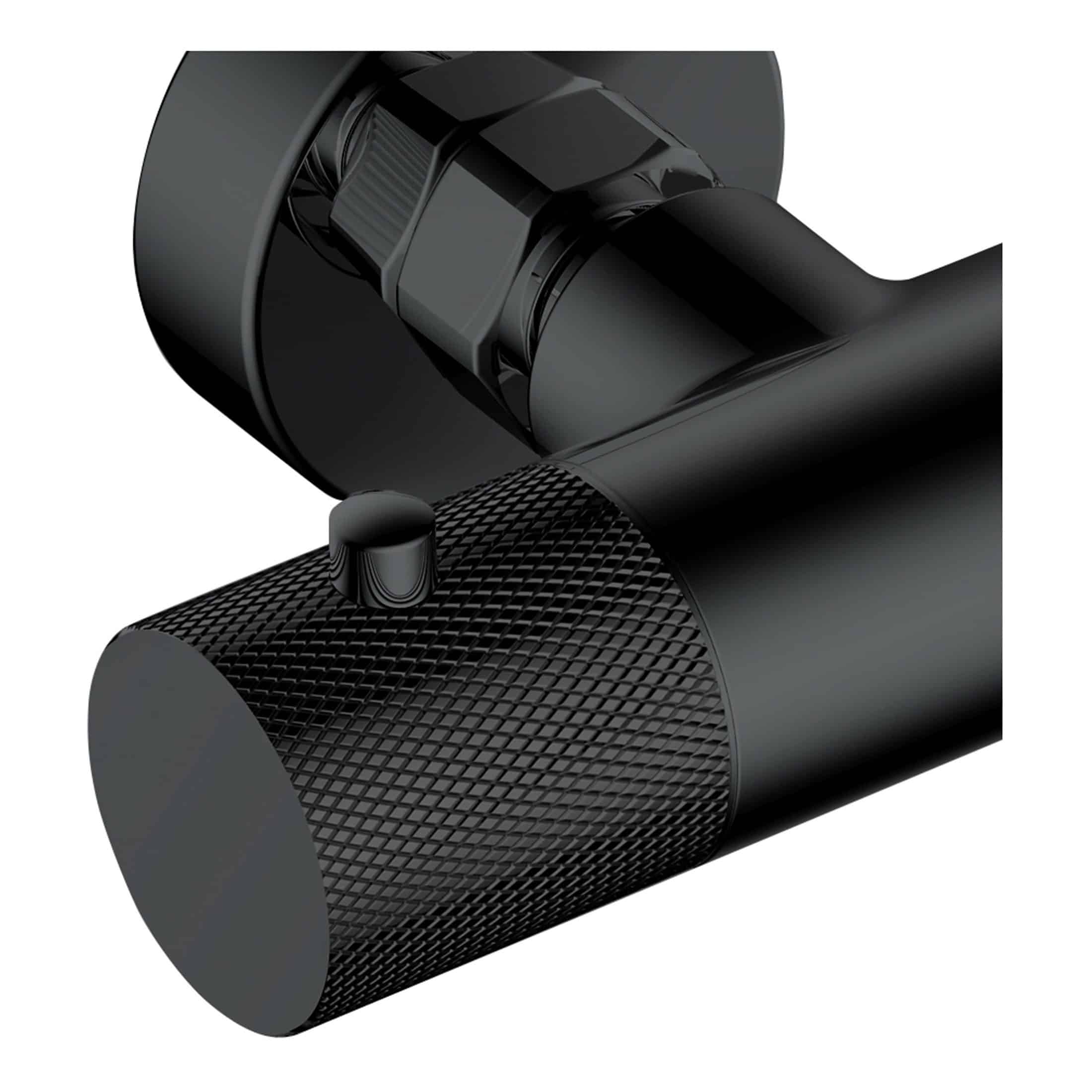 Gunmetal black handheld massage gun with textured grip and adjustable speed knob, ideal for muscle relaxation and therapy in modern bathroom setting for luxury bathroom accessories.