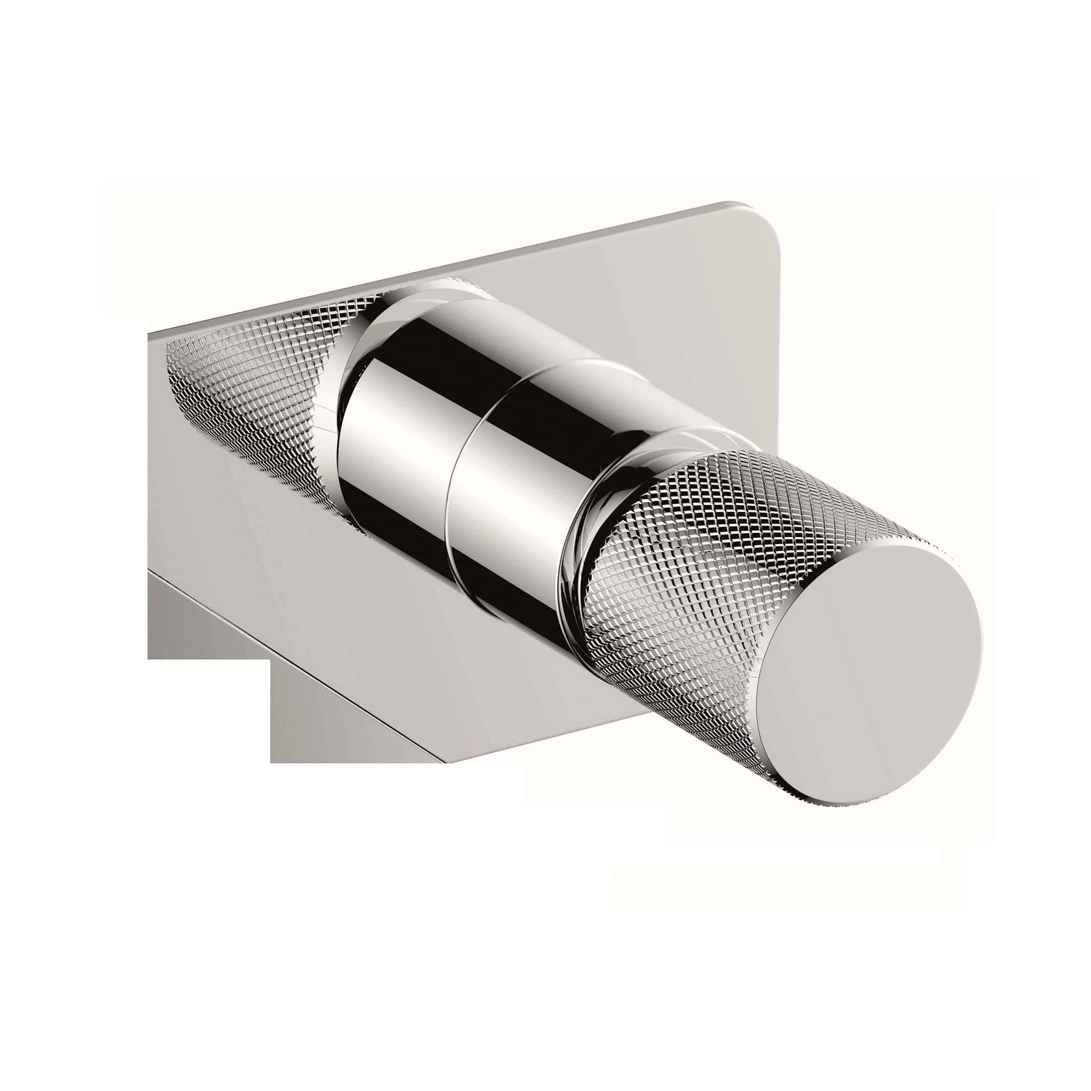 Polished chrome shower control handle with textured grip for modern bathroom design. High-quality bathroom fixture from Bubly Bathrooms.