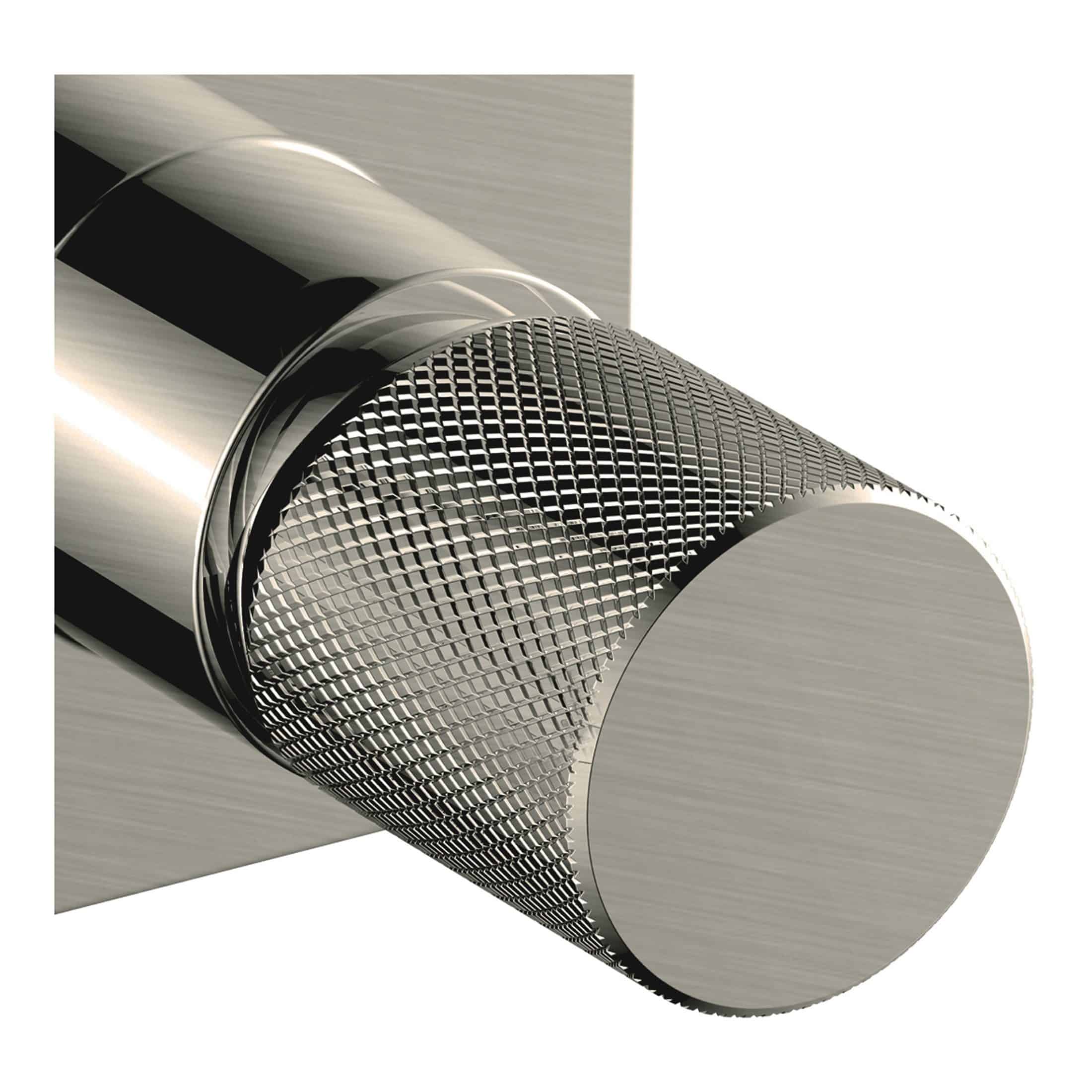 Polished stainless steel bathroom faucet spout with textured aerator surface.