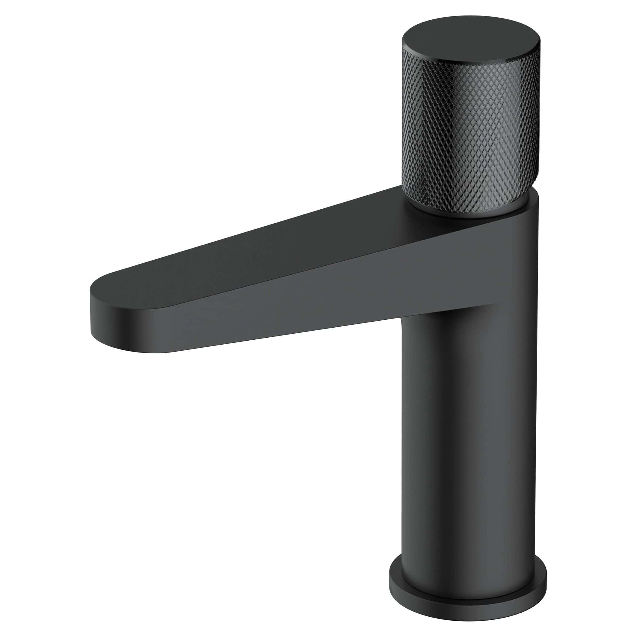 Sleek black bathroom tap with a modern design, perfect for contemporary bathrooms and kitchen sinks, featuring a textured control knob for easy use.