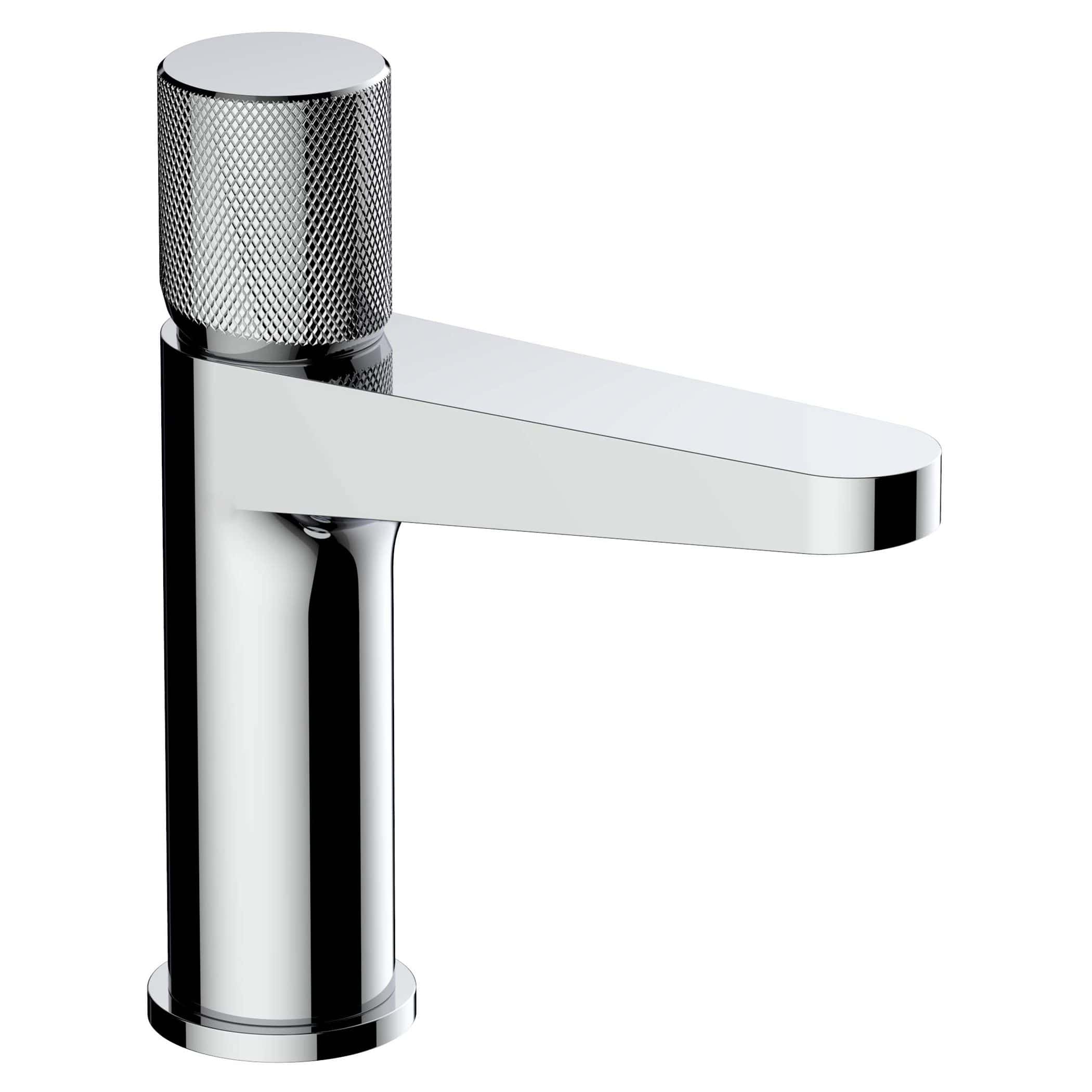 Sleek modern chrome bathroom tap with a textured cylindrical handle, ideal for contemporary bathroom renovation and installation.