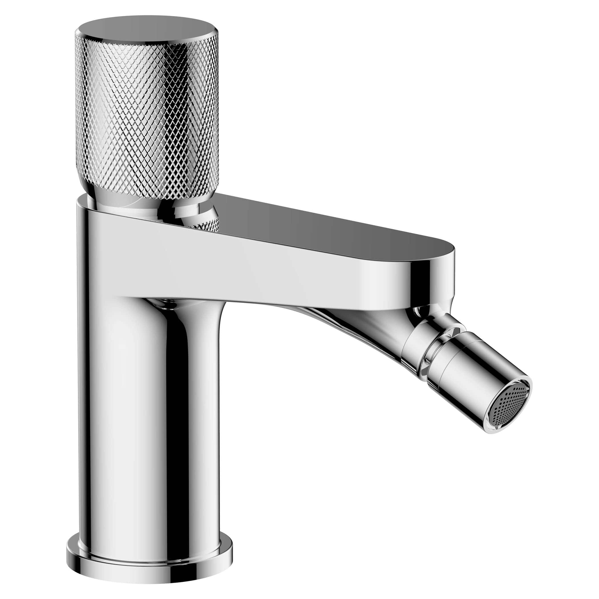 Shiny chrome bathroom sink tap with a modern design and textured handle, perfect for contemporary bathroom renovations. High-quality brass construction with smooth, polished finish.