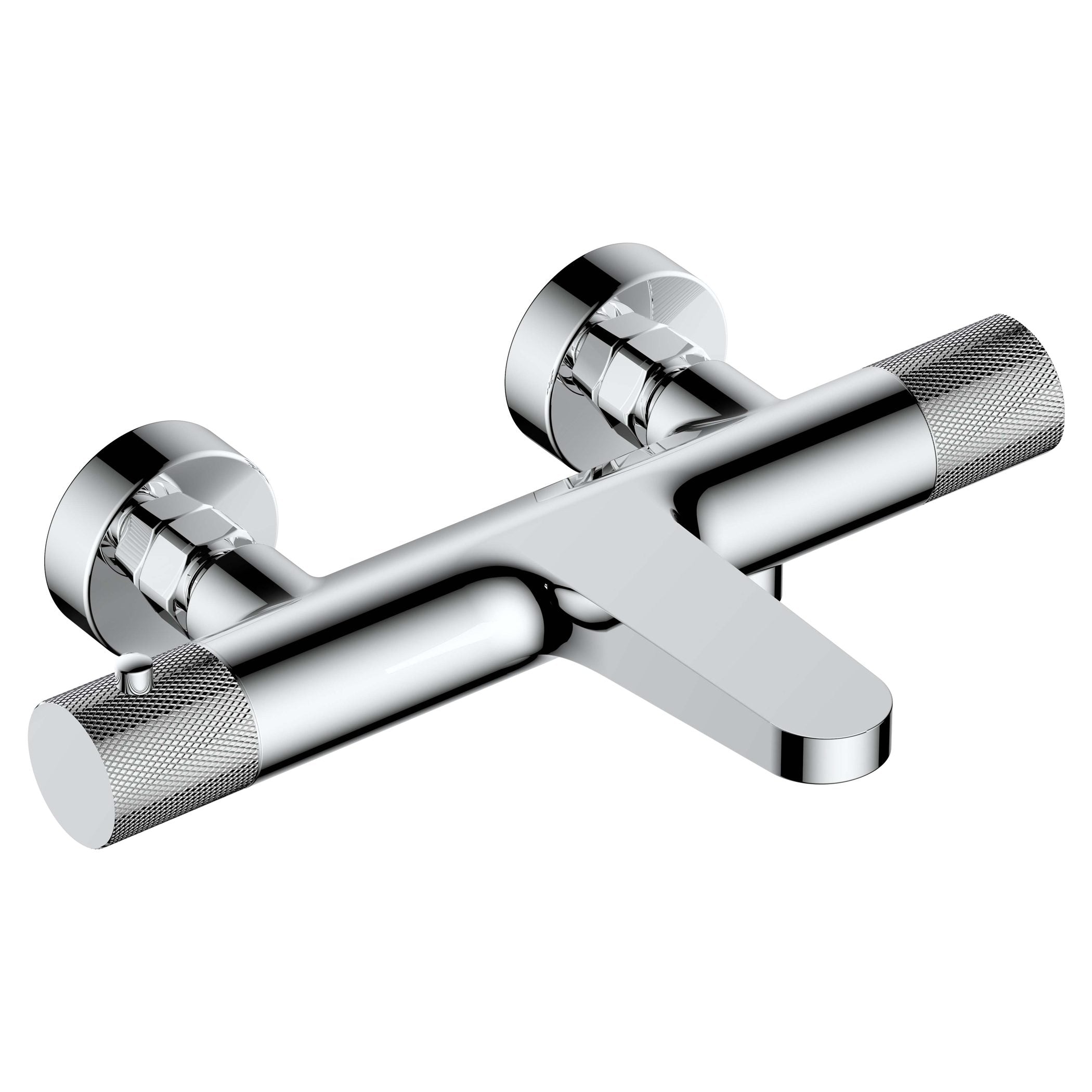 Chrome bathroom mixer tap with a modern, sleek design and textured handles for precise water control - ideal for contemporary Bubly Bathrooms.