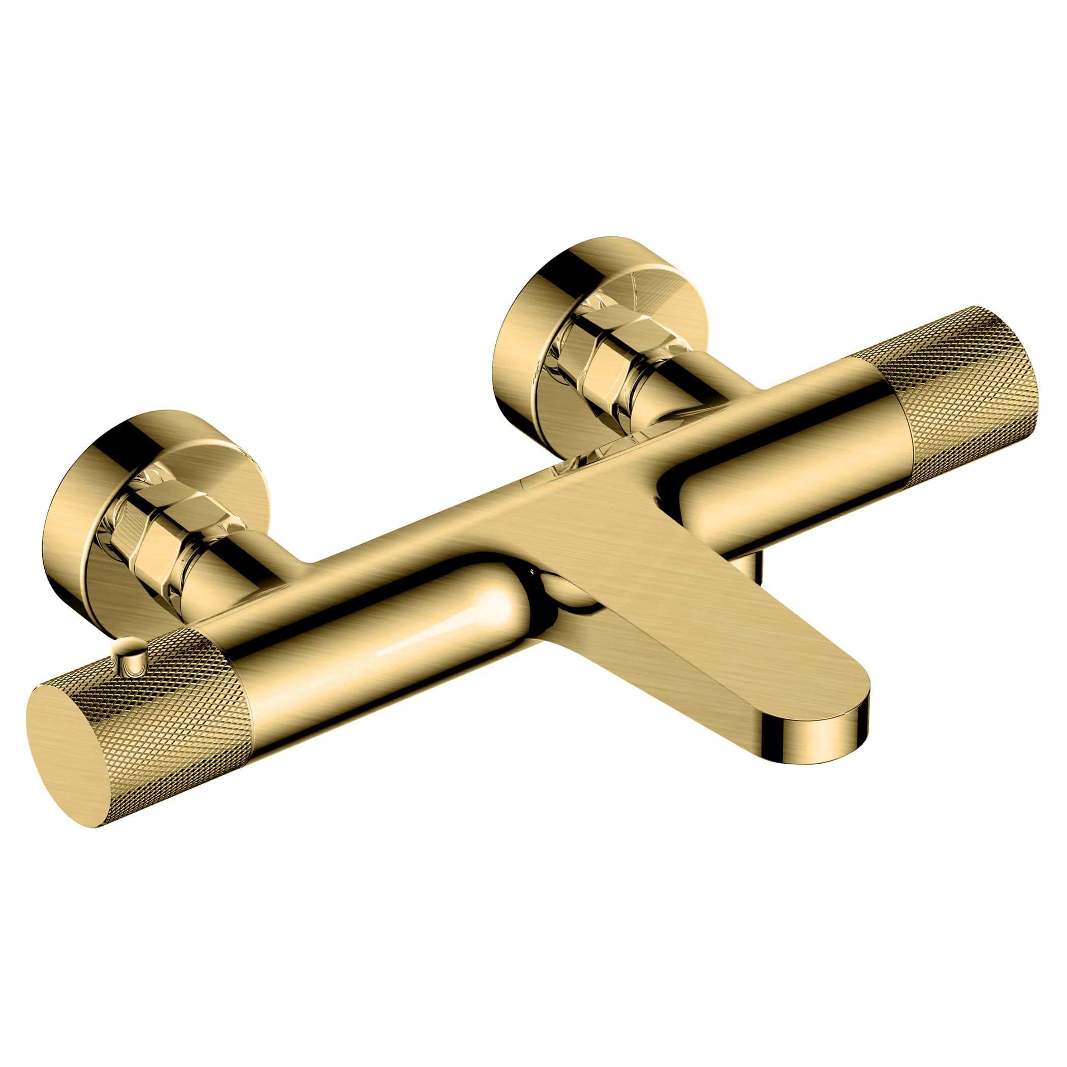 Polished gold bathroom mixer tap for luxurious bathing and washing, featuring a modern design with textured control knobs perfect for upscale home bathroom decor.
