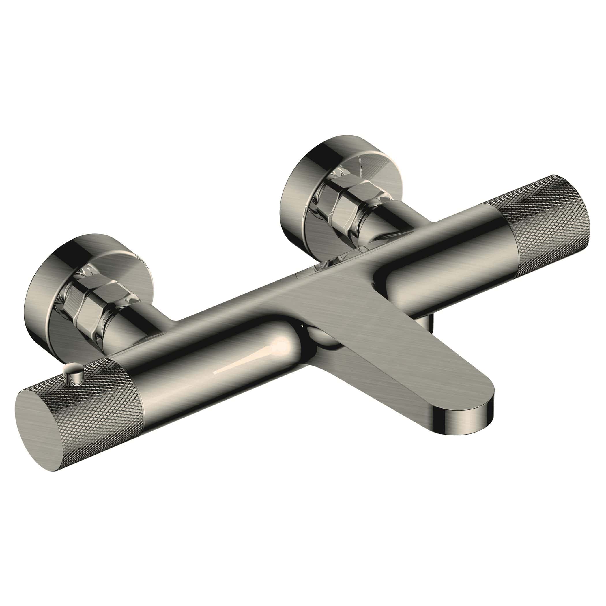 Sleek chrome bathroom mixer tap with dual controls and textured grip for modern shower and bath plumbing fittings. Designed for durability and stylish appeal in contemporary bathrooms.