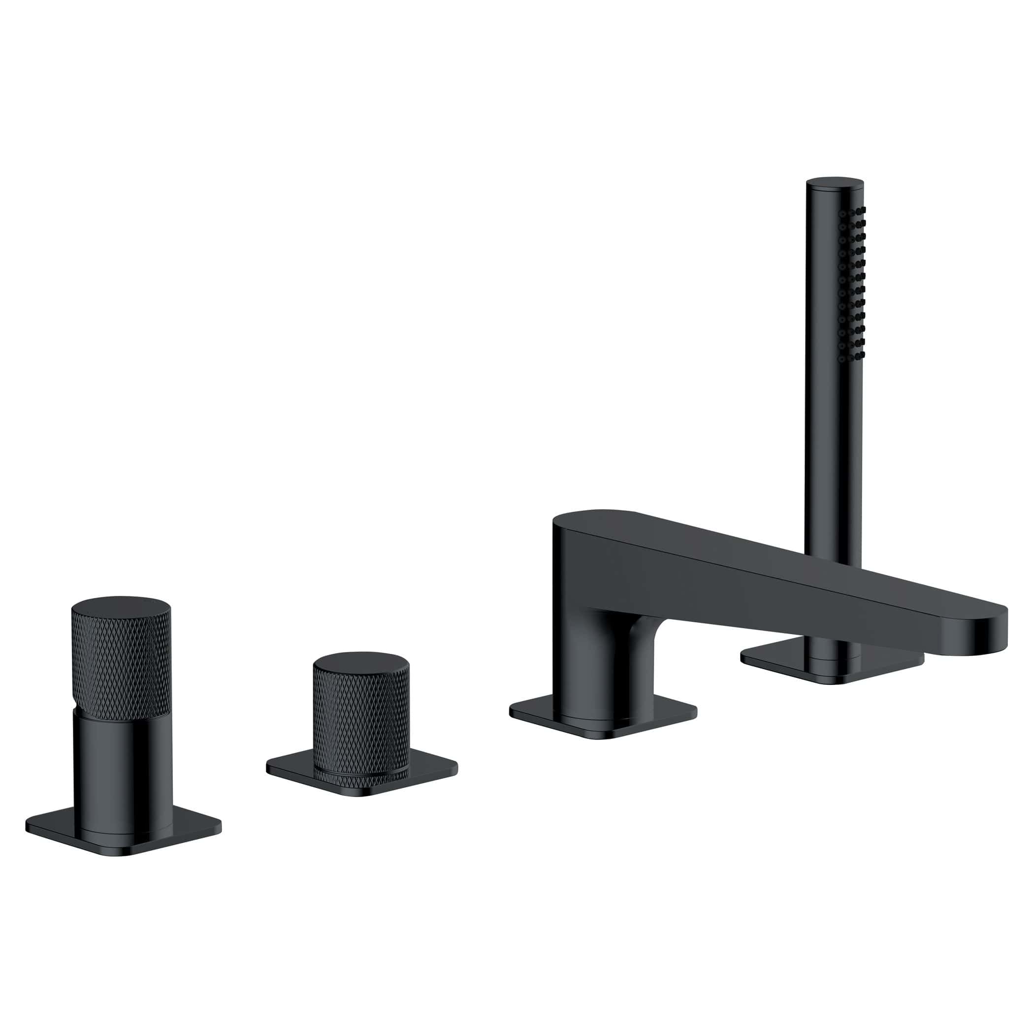 Brushed black bathroom mixer tap with matching side valves and shower head, modern minimalist design suitable for contemporary bathroom interiors.