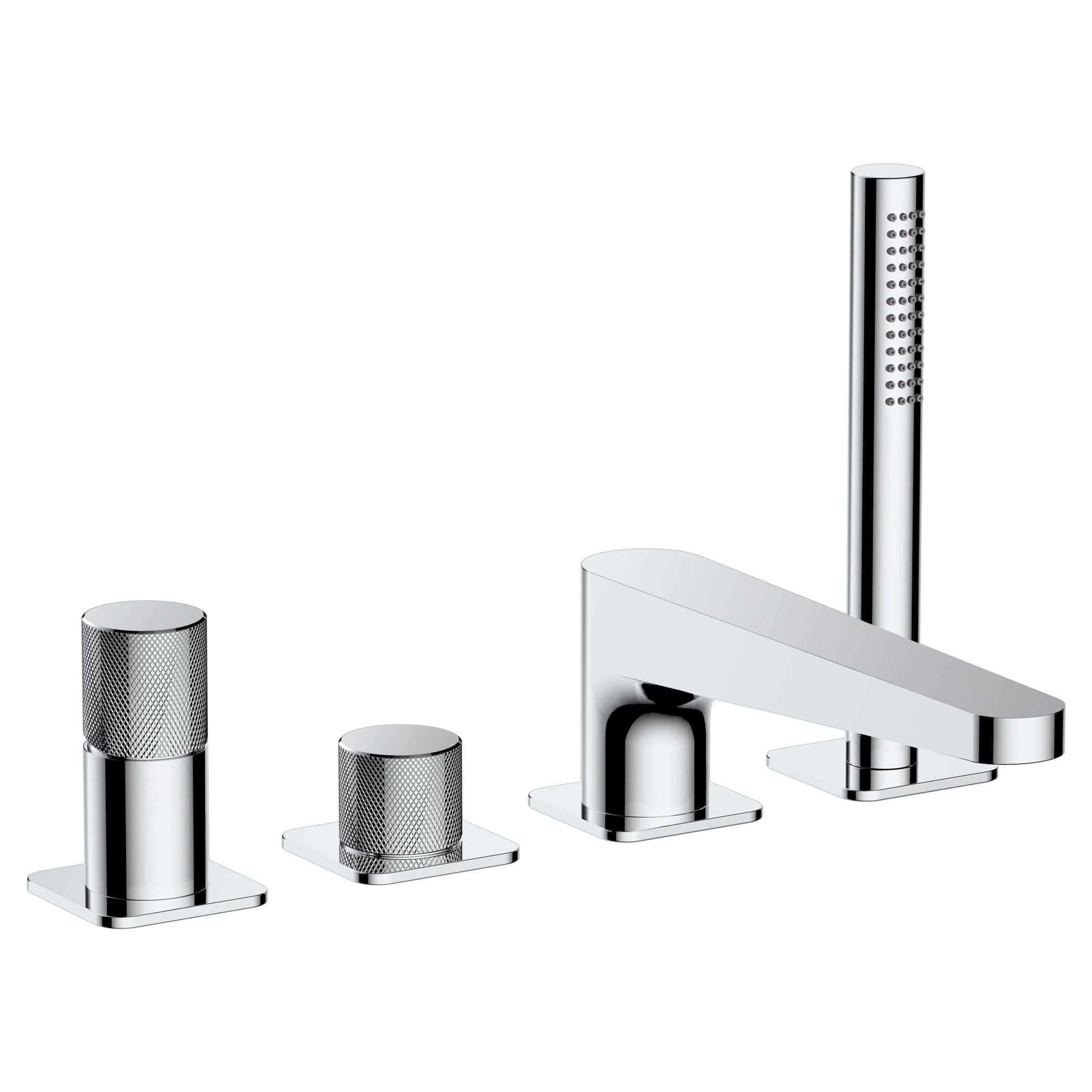 Polished chrome bathroom mixer tap set with a modern design, including separate controls for hot and cold water, a sleek spout, and a shower attachment for contemporary bathroom décor.
