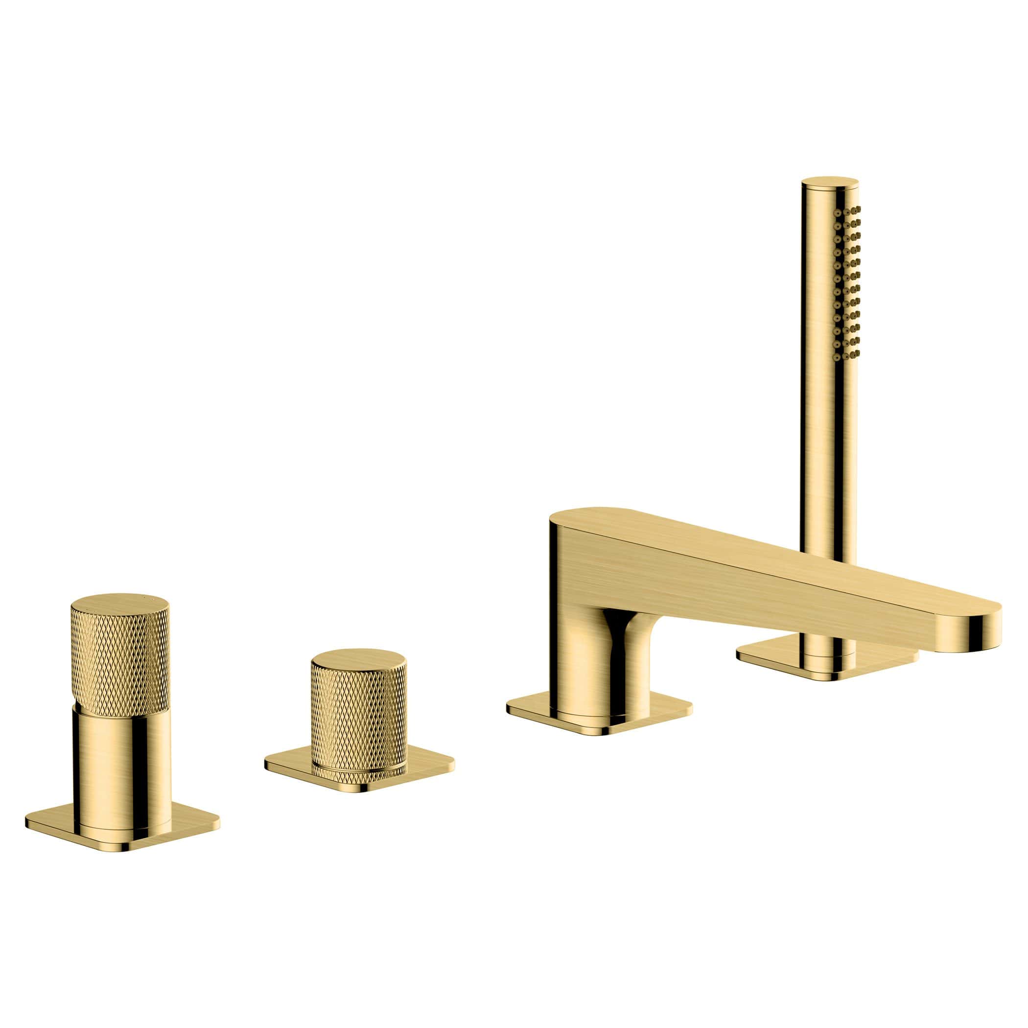 Luxurious gold bathroom tap and shower fixtures set, modern and elegant design for contemporary bathroom hardware. High-quality brass construction with polished gold finish.