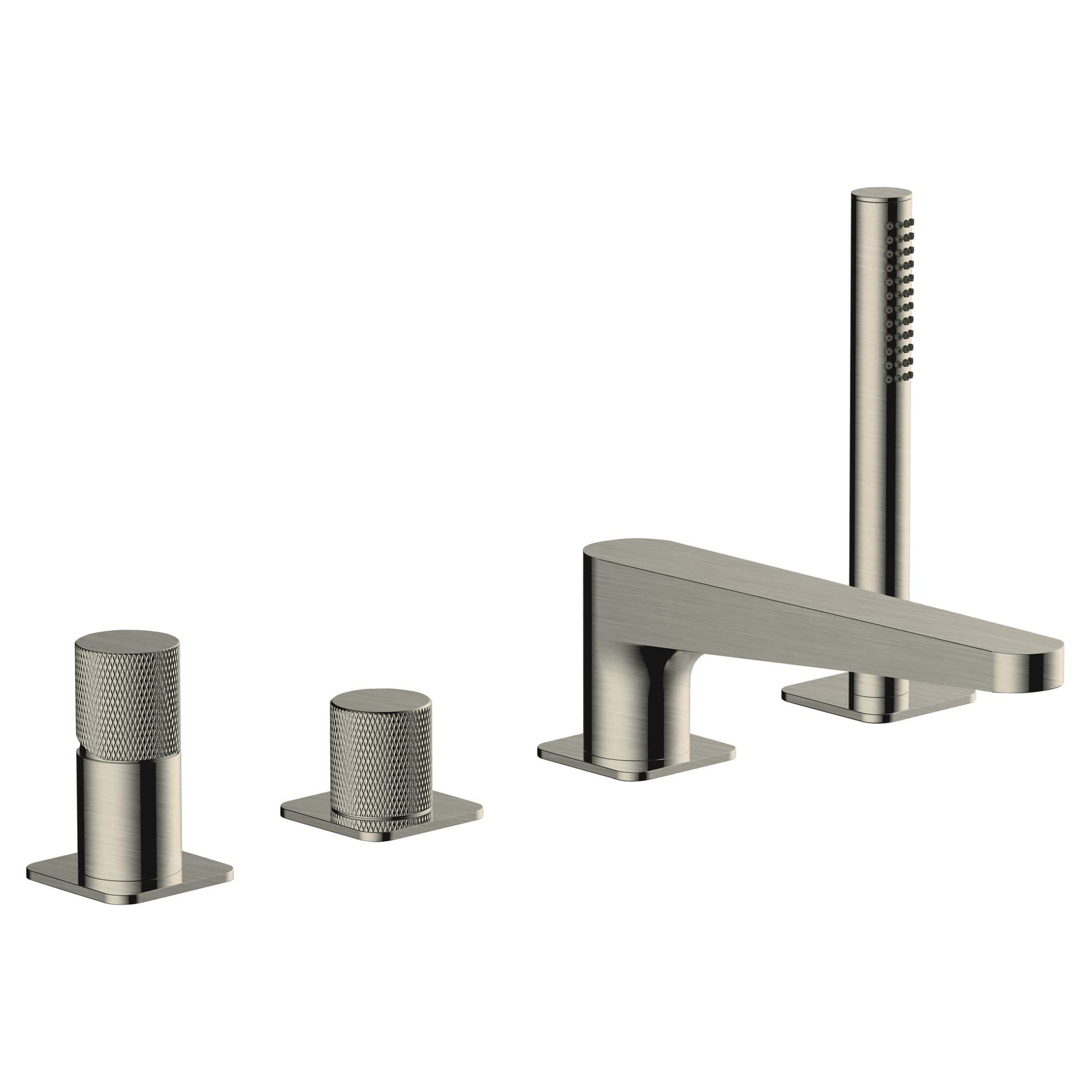 Brushed metal bathroom tap set with modern handle design, includes a mixer tap, soap dispenser cover, and handheld shower head for contemporary Bubly Bathrooms fixtures.