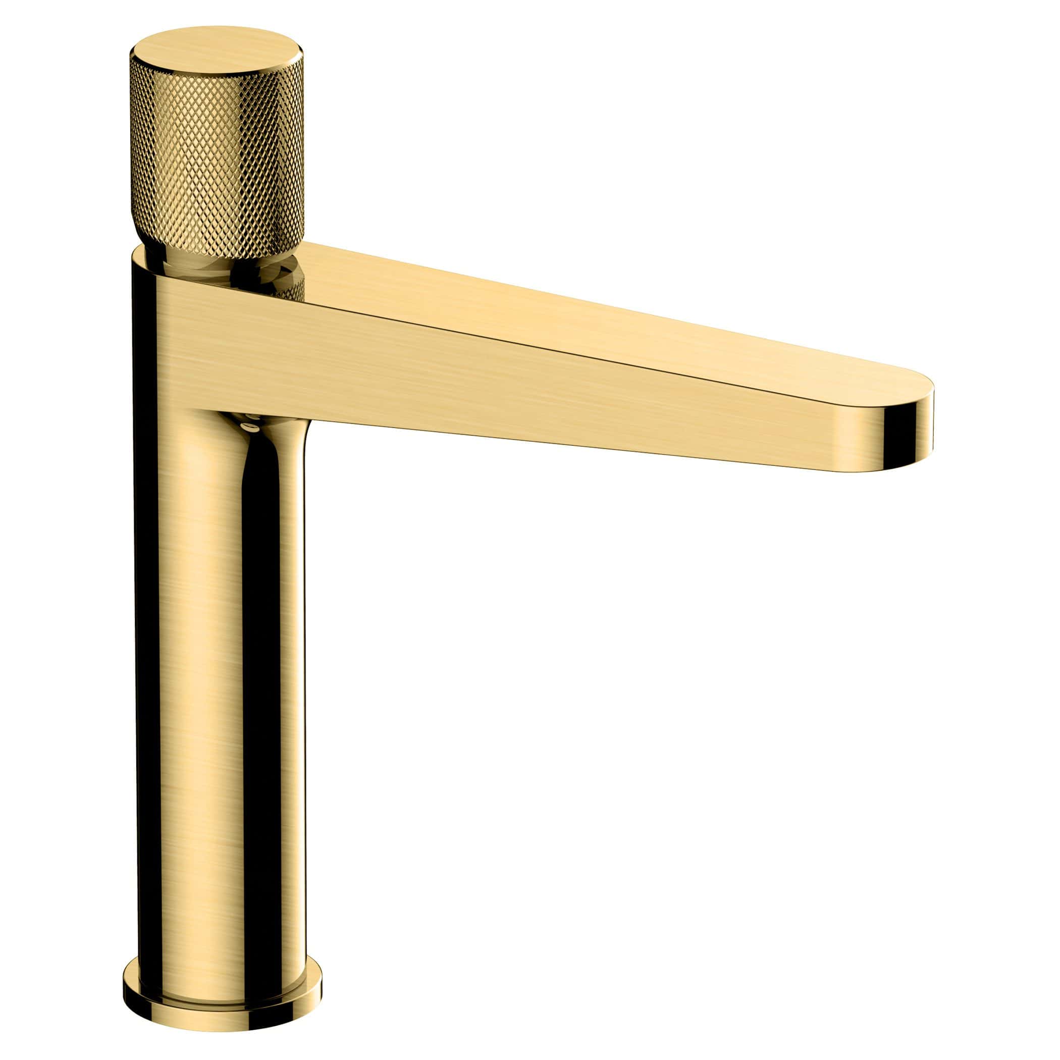Brass bathroom sink tap with a modern, sleek design and textured handle for elegant bathroom fixtures.