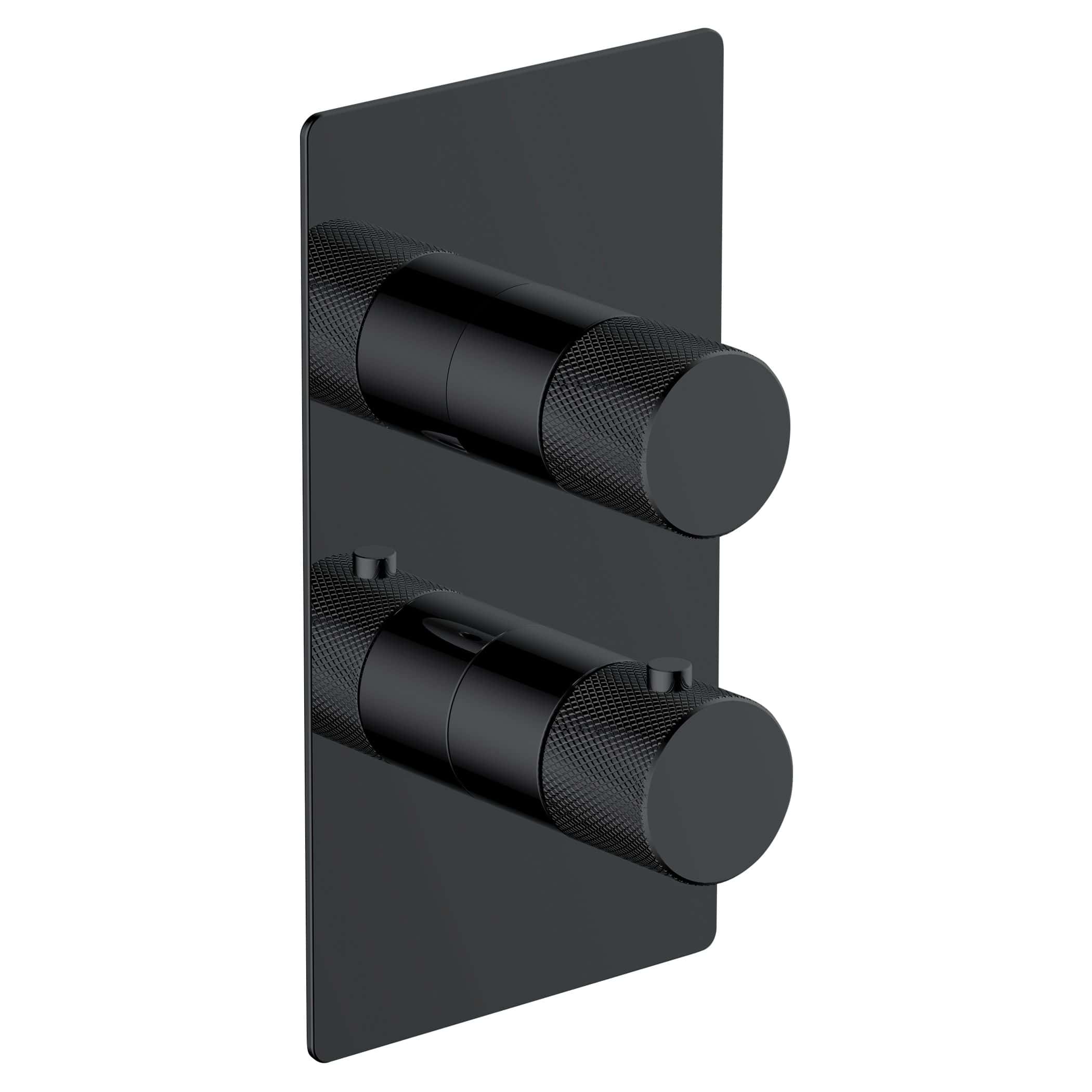 Sleek black shower valve with dual controls, modern design, ideal for contemporary bathroom bathrooms. Perfect for adjusting water temperature and flow in stylish Bubly bathrooms.