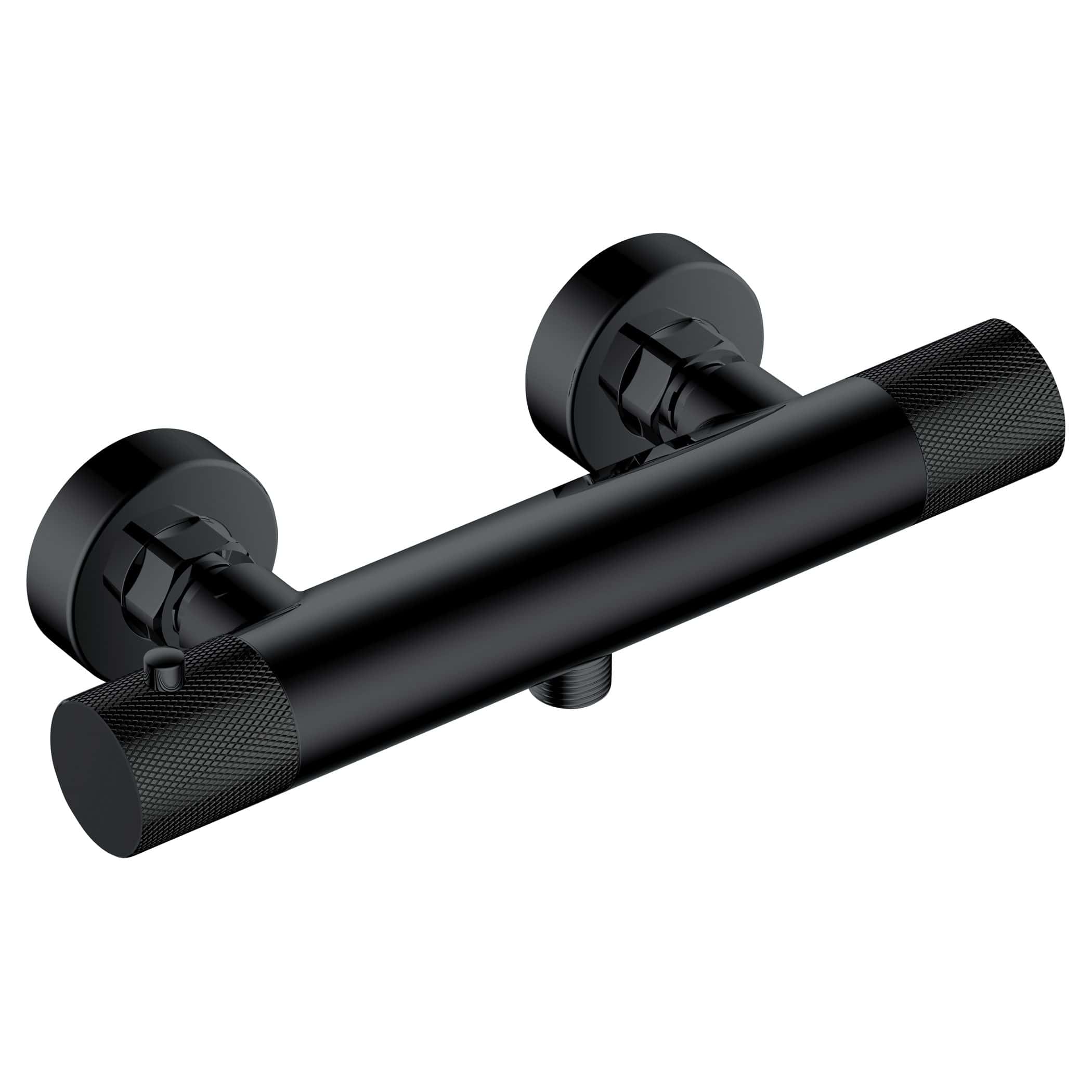 Black thermostatic shower valve with textured control knobs for precise temperature adjustment. Modern and sleek design ideal for contemporary bathrooms.
