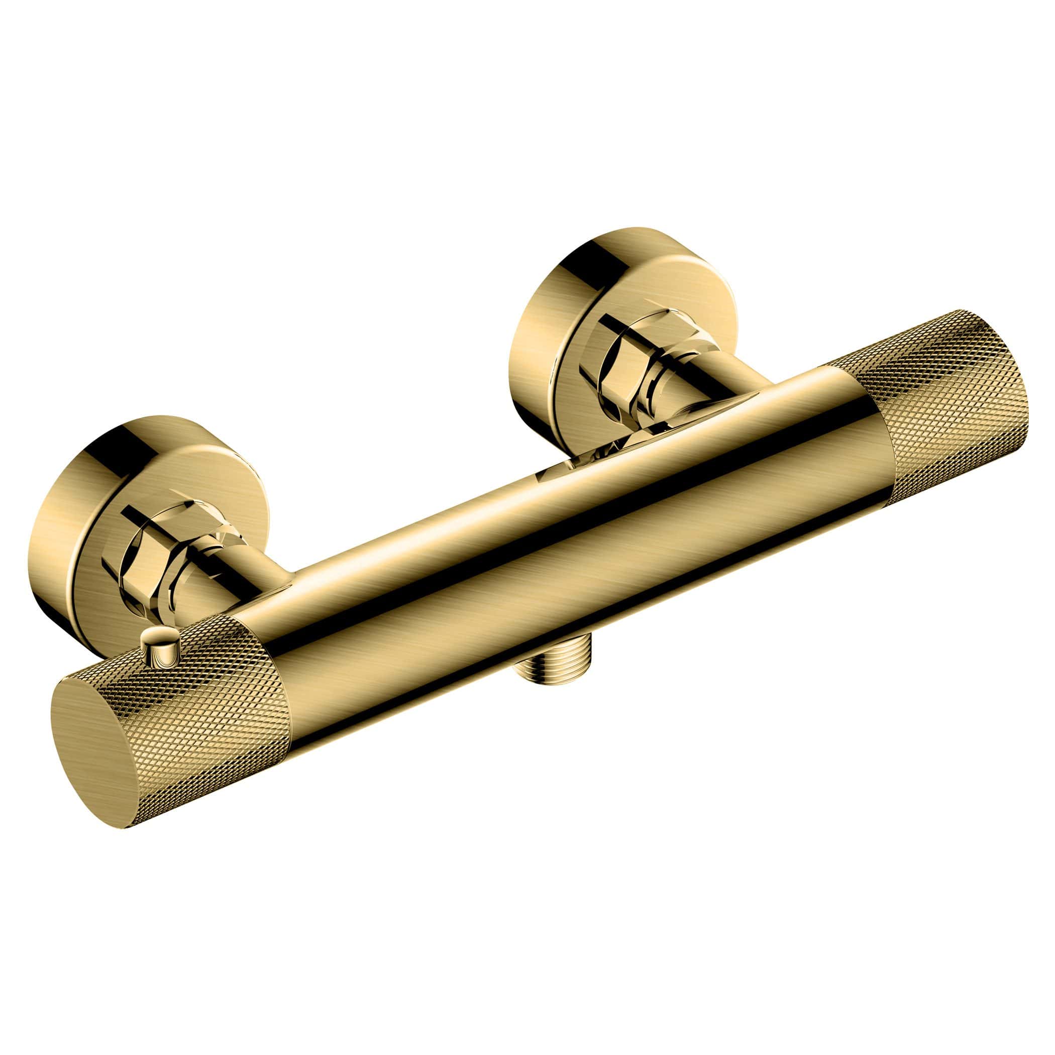 Brass bathroom shower mixer tap with textured control knobs, modern thermostatic design, ideal for contemporary bathroom renovation and luxury fixtures.
