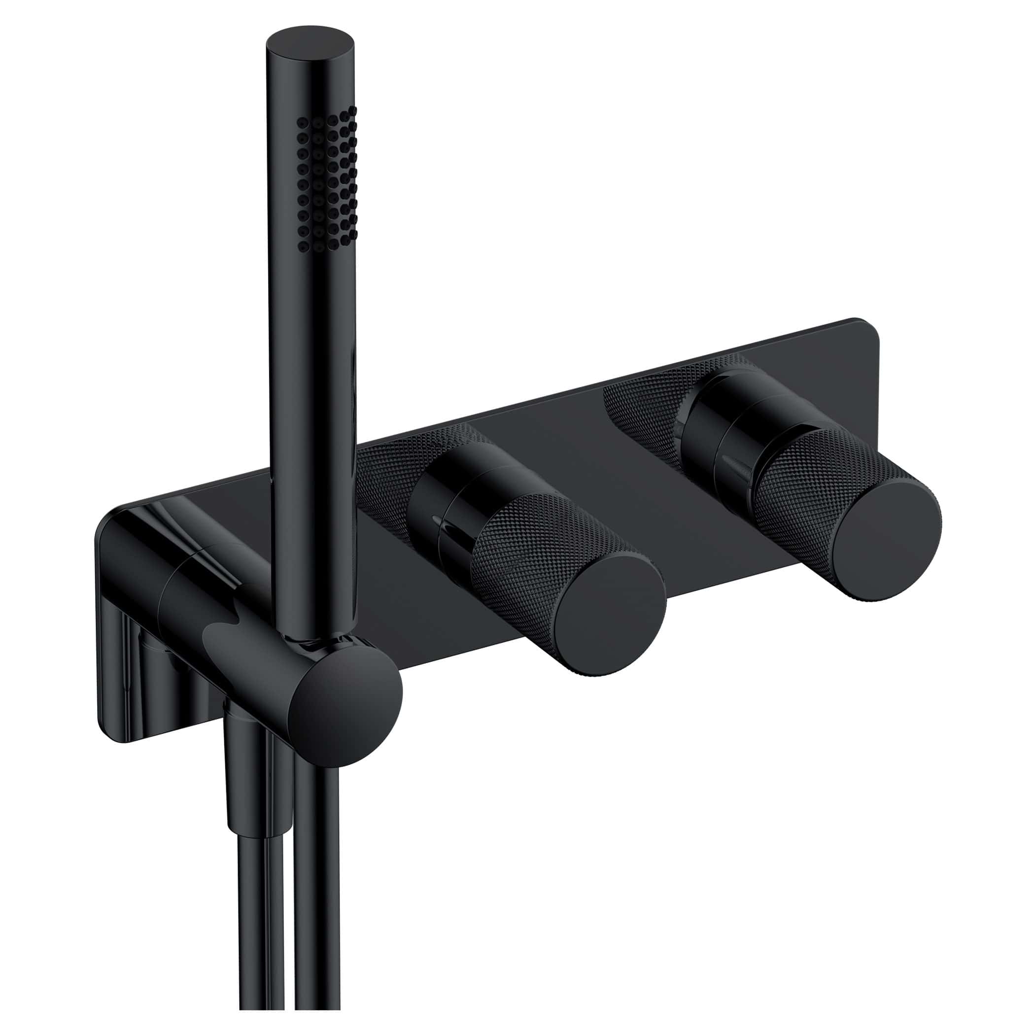 Modern black shower faucet with dual controls and a hand shower for stylish bathroom upgrades.