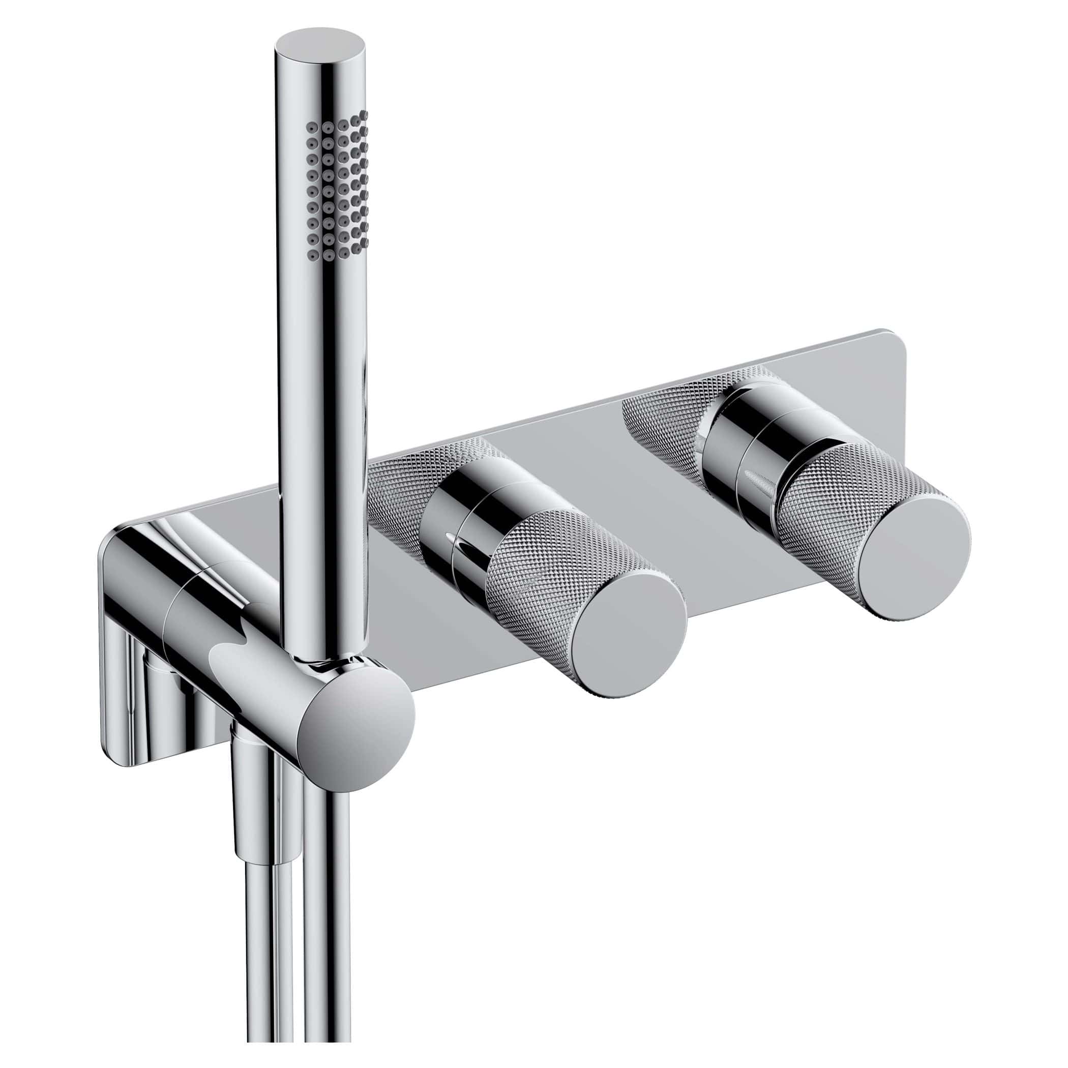Shower mixer tap with handheld shower head in sleek chrome finish, modern bathroom fixture for luxurious shower experience.