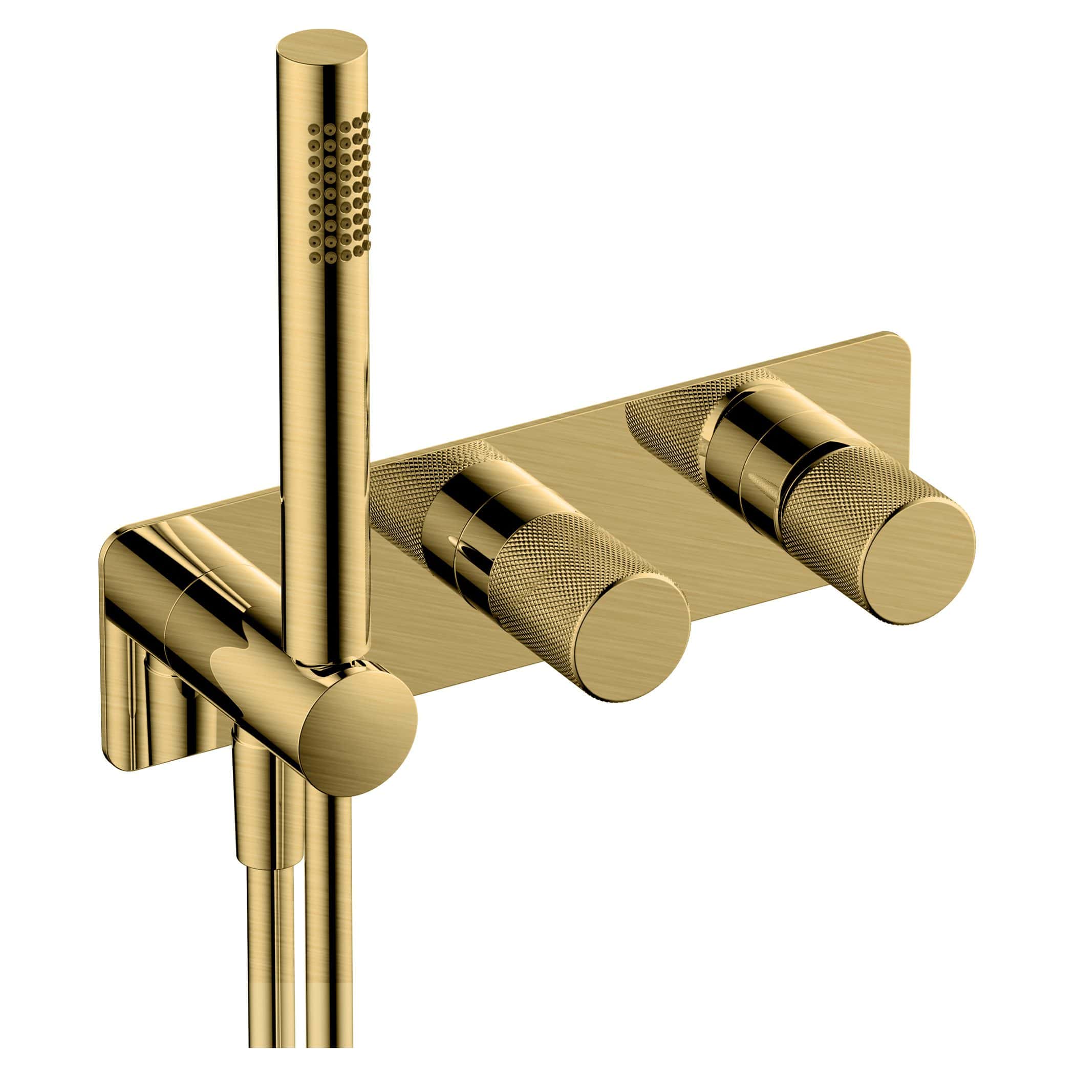 Shower wall-mounted mixer tap in brushed gold finish with adjustable controls, stylish modern design, ideal for luxurious Bubly Bathrooms.