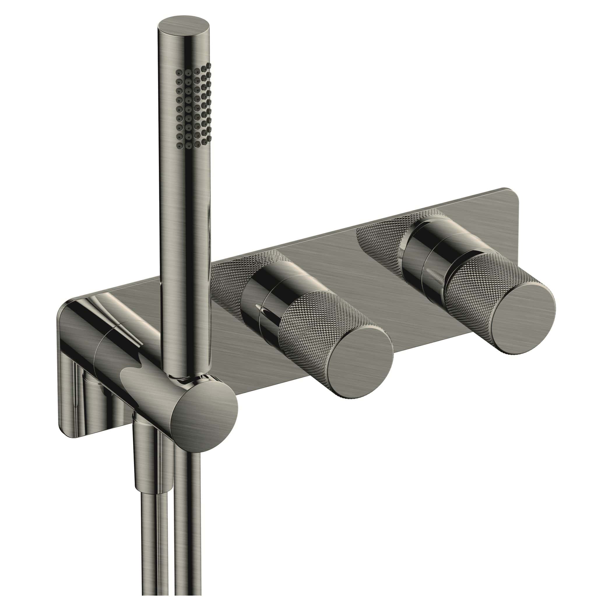 Sleek stainless steel modern bathroom shower mixer tap with dual controls and handheld shower head, perfect for contemporary bathroom designs.