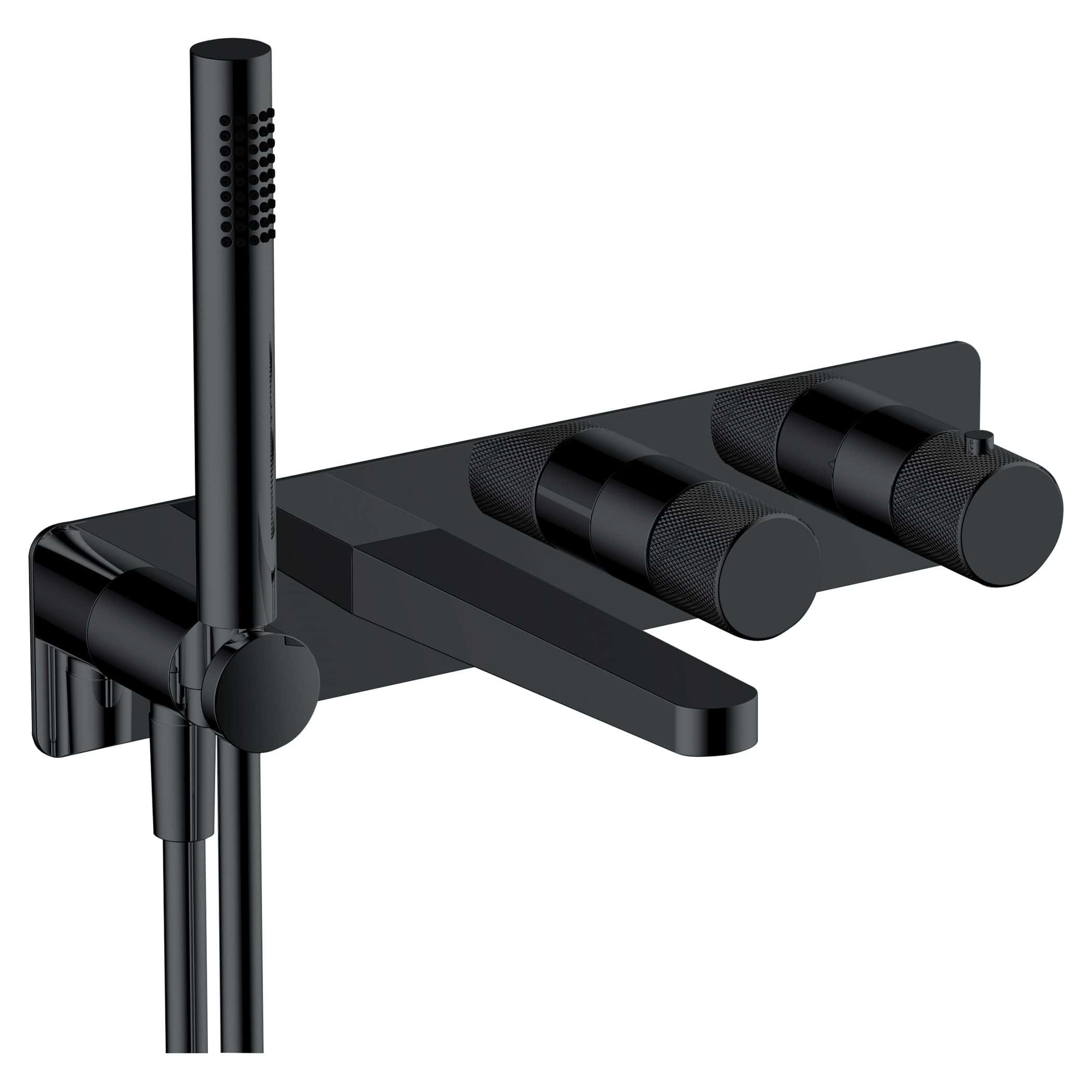 Sleek black modern bathroom shower mixer with handheld shower head and control knobs, double handle design, perfect for stylish contemporary bathroom renovations.