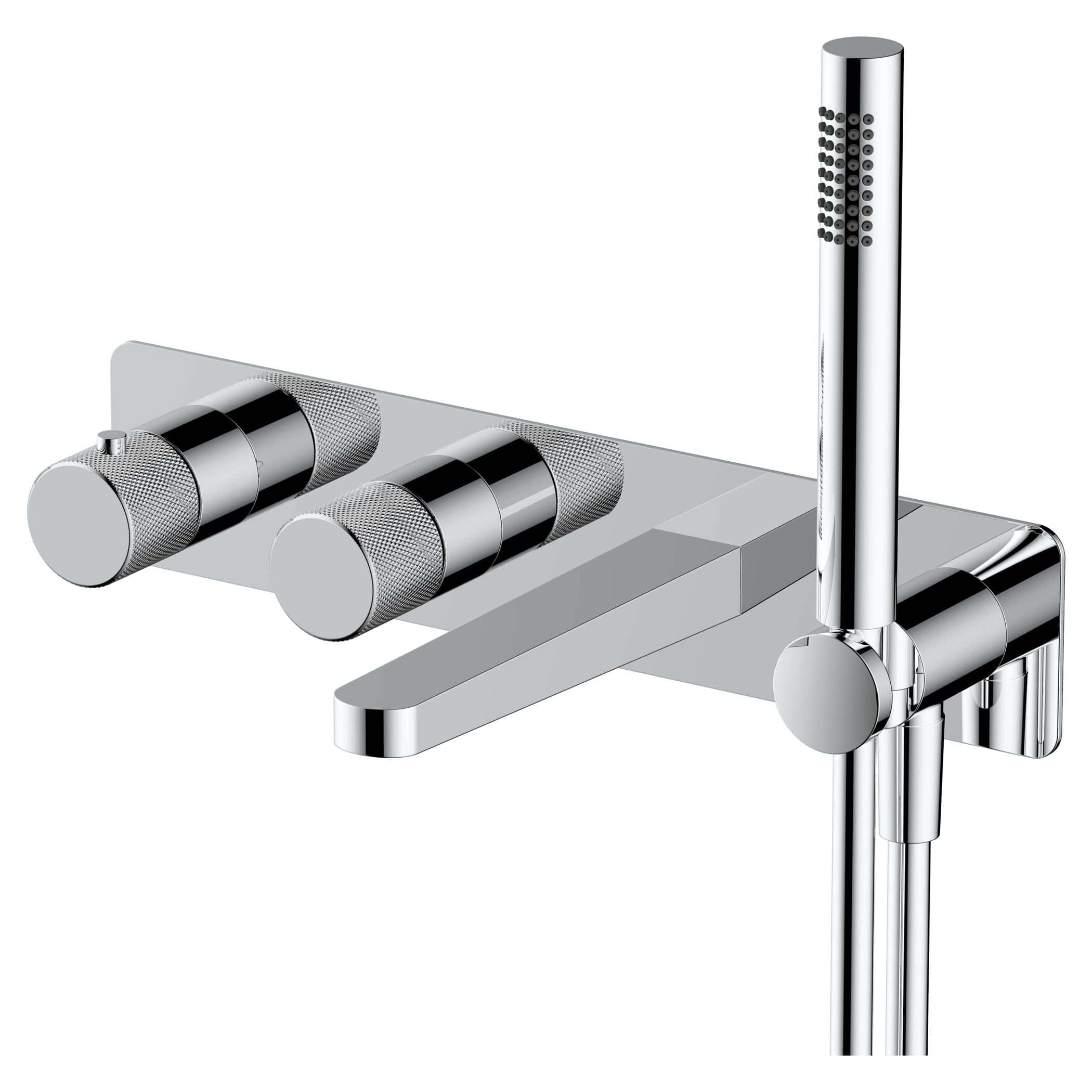 Shower mixer tap with sleek chrome finish and adjustable controls, designed for modern bathrooms, providing precise temperature and water flow control. Ideal for bath and shower installations.
