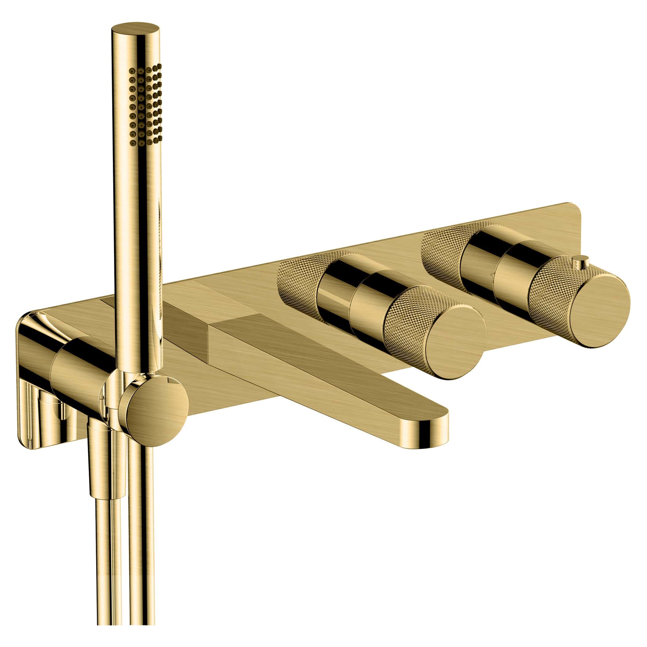 Polished gold bathroom shower valve with adjustable controls and modern design, perfect for luxury bathroom upgrades and stylish plumbing fixtures.