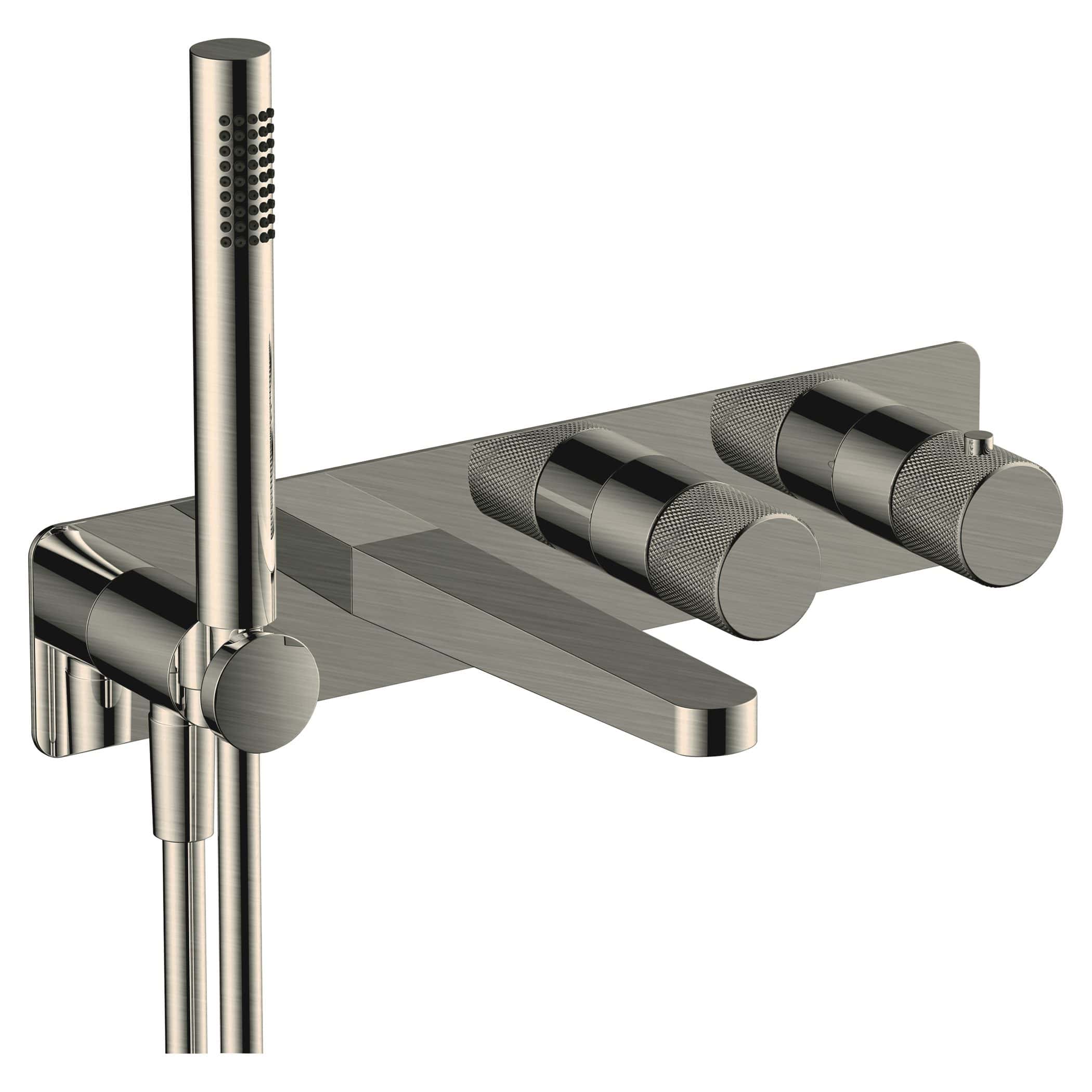 Shower mixer tap with a modern chrome finish, dual control dials and a handheld showerhead, ideal for luxurious and sleek bathroom designs. Perfect for contemporary Bubly bathrooms.