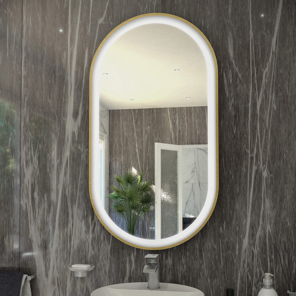 Reflective bathroom mirror with LED lighting, modern grey marble wall, and sleek bathroom accessories in a contemporary design. Perfect for stylish bathroom interiors.