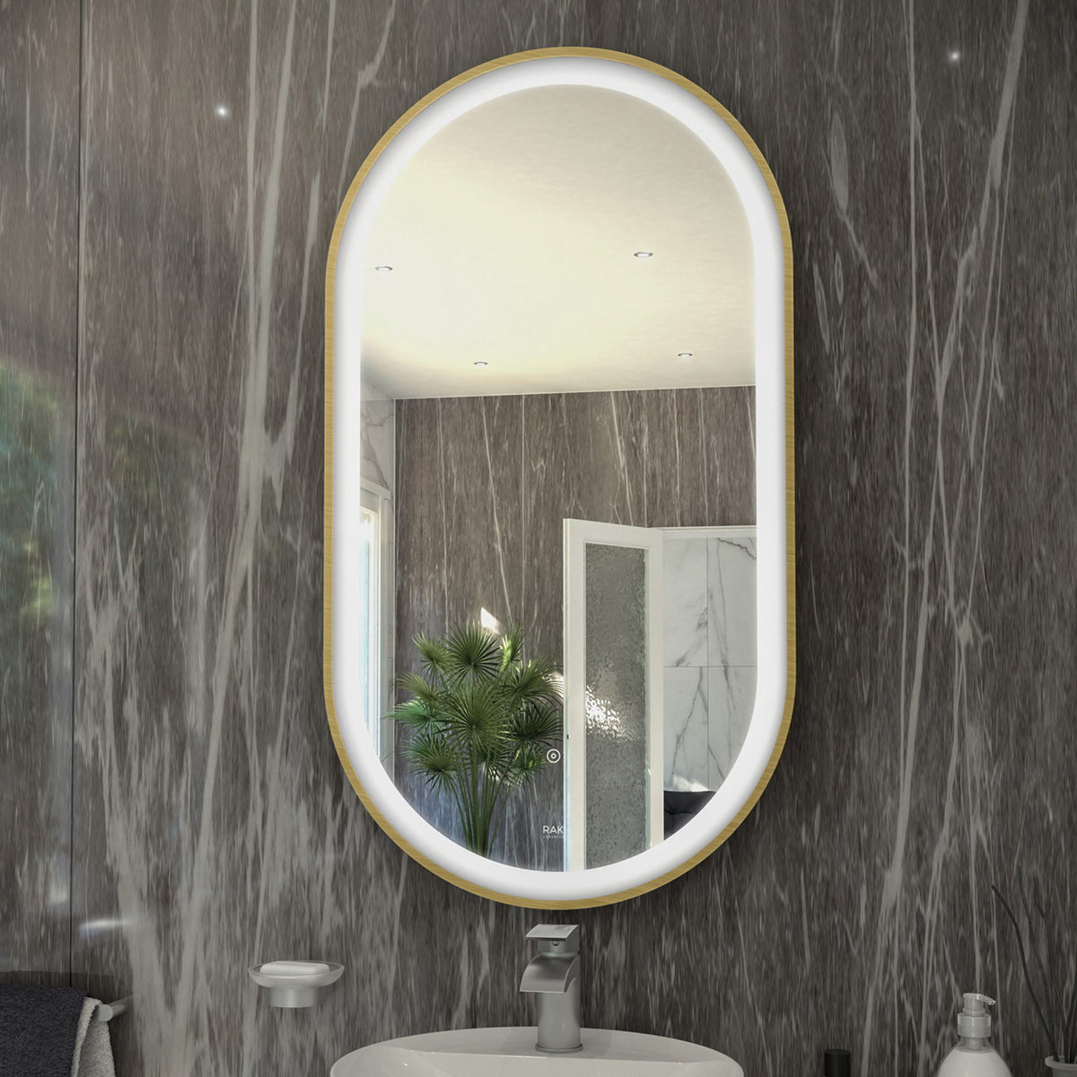 Reflective bathroom mirror with LED lighting, modern grey marble wall, and sleek bathroom accessories in a contemporary design. Perfect for stylish bathroom interiors.