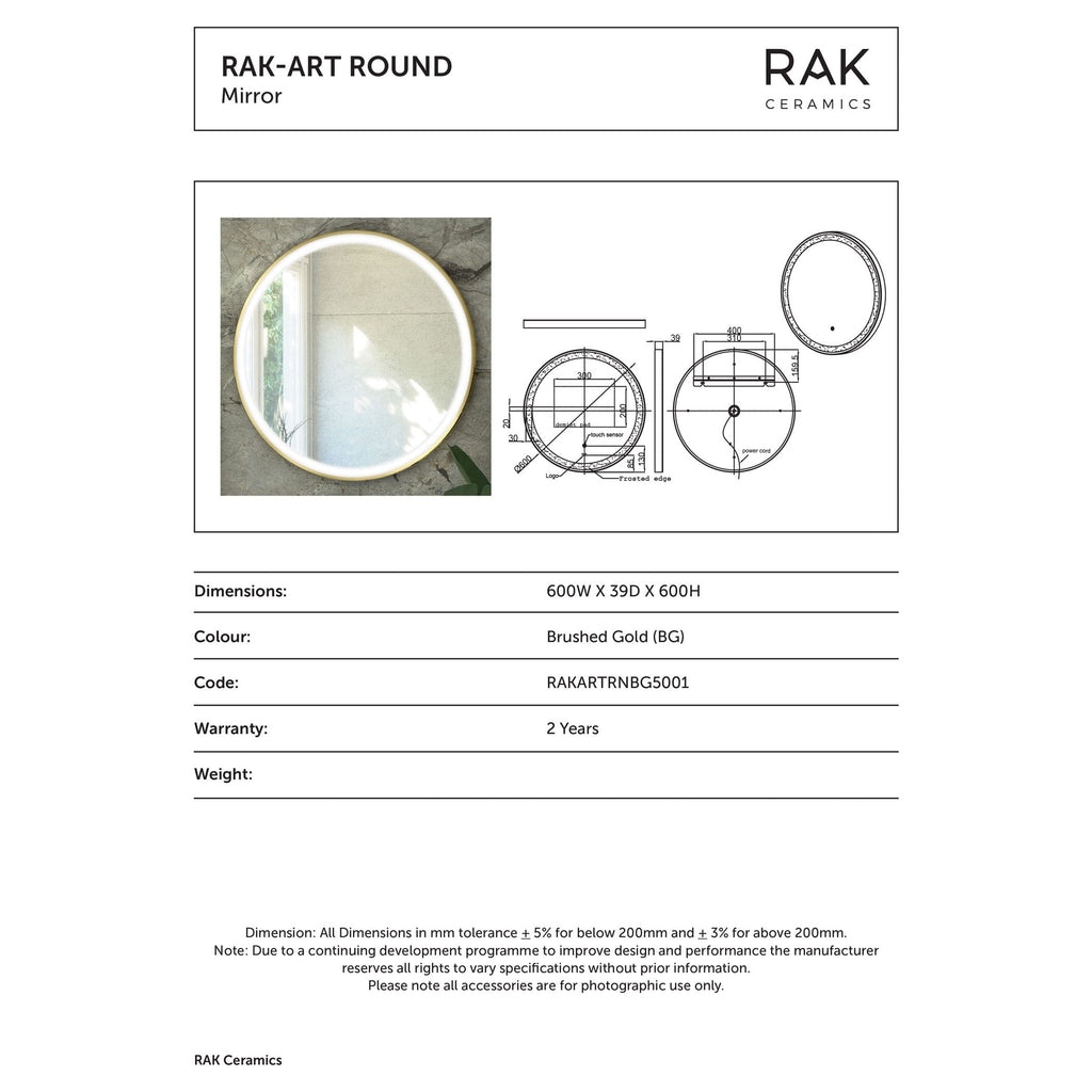 Reflective round bathroom mirror with LED lighting and sleek gold finish, ideal for modern bathrooms. Features detailed technical drawing and measurements for installation.