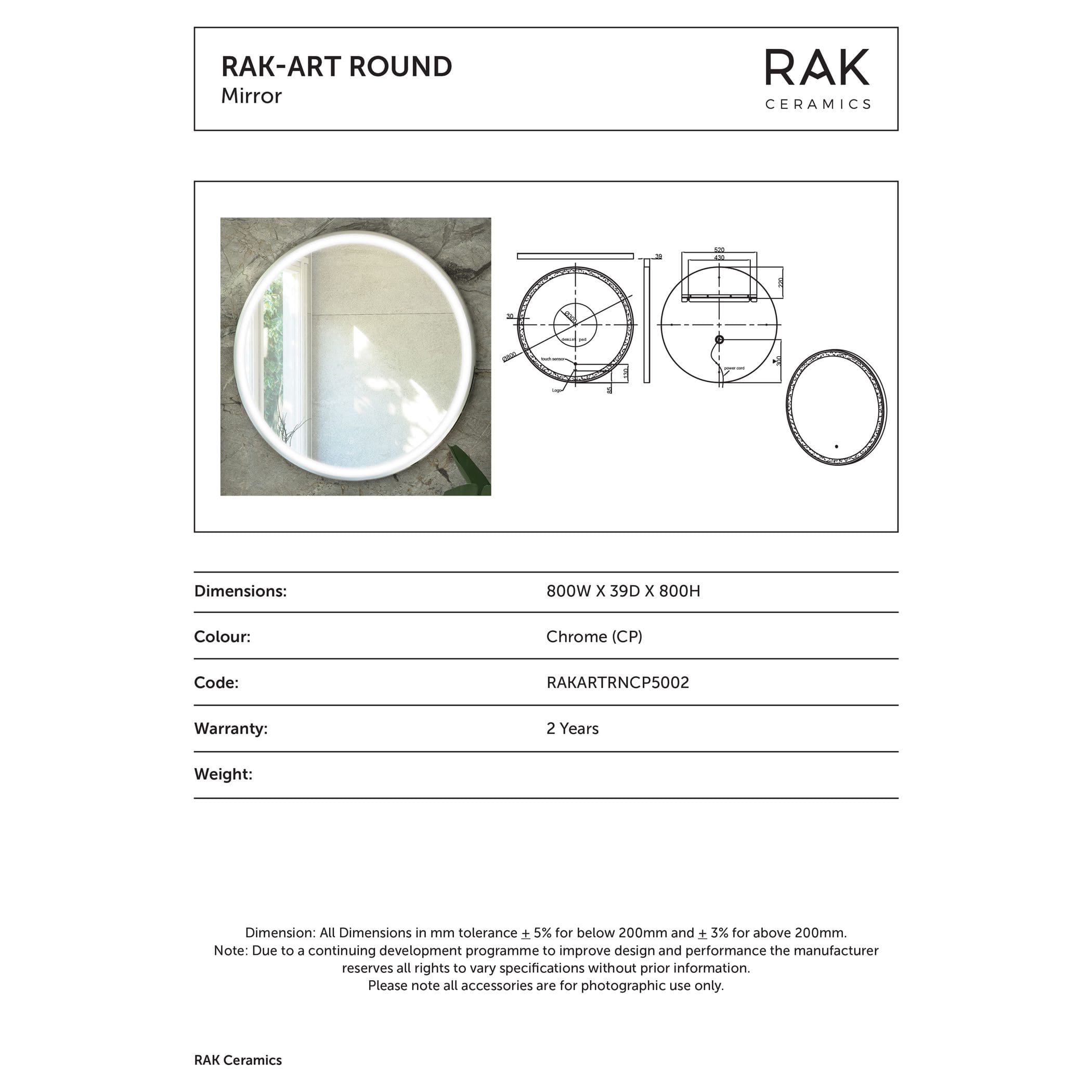 Round mirror with LED lighting and sleek chrome finish, ideal for modern bathrooms, featuring precise dimensions and design specifications by RAK Ceramics.