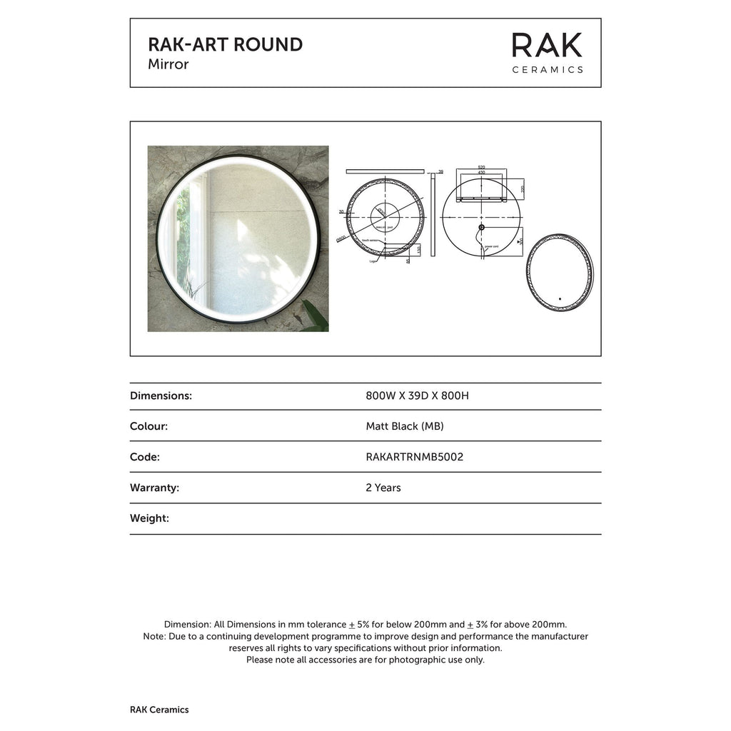 Polished round mirror from Bubly Bathrooms with LED lighting, ideal for modern bathroom decor, featuring detailed technical specifications and sleek black matte finish.
