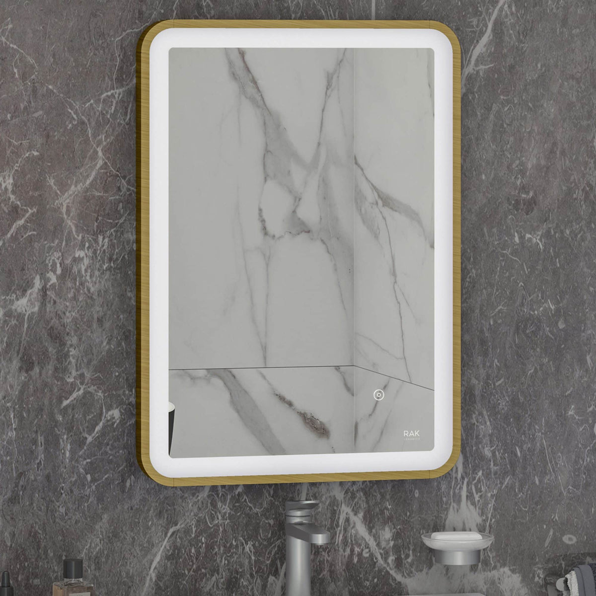 Modern illuminated bathroom mirror with wood trim, marble background, and sleek design perfect for contemporary bathroom decor.