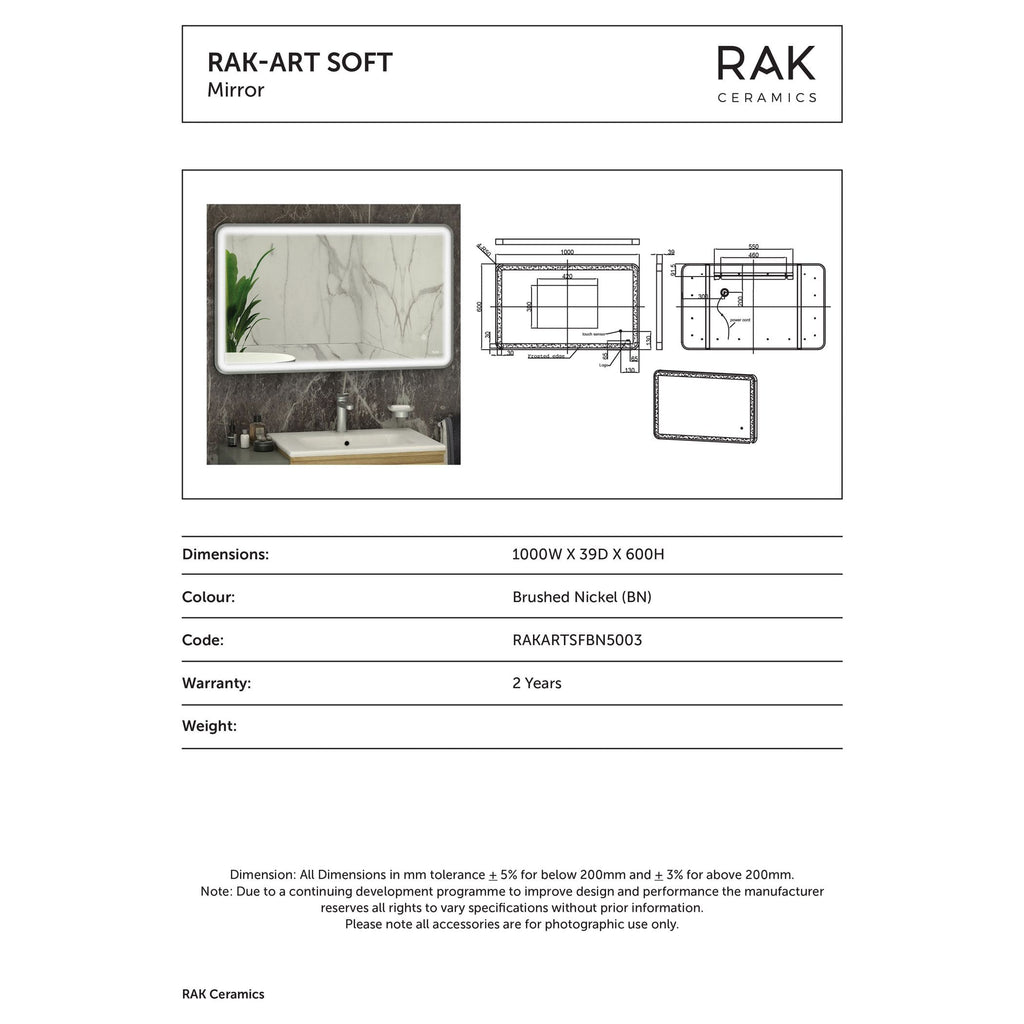 Elegant bathroom mirror with integrated LED lighting, featuring a sleek white frame and modern design by RAK Ceramics for contemporary bathroom decor.