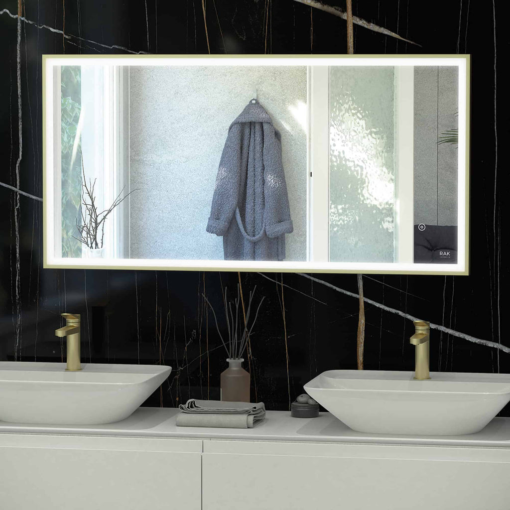 Sleek modern bathroom vanity with dual vessel sinks, gold fixtures, illuminated mirror, and contemporary decor, perfect for stylish bathroom renovation or design.
