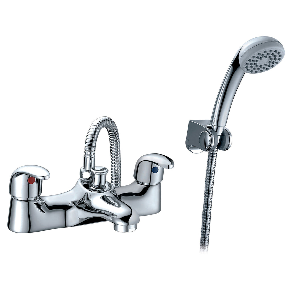 Shiny chrome kitchen and bathroom mixer tap with a flexible shower handpiece on white background. Perfect for modern bathroom renovations and plumbing upgrades.