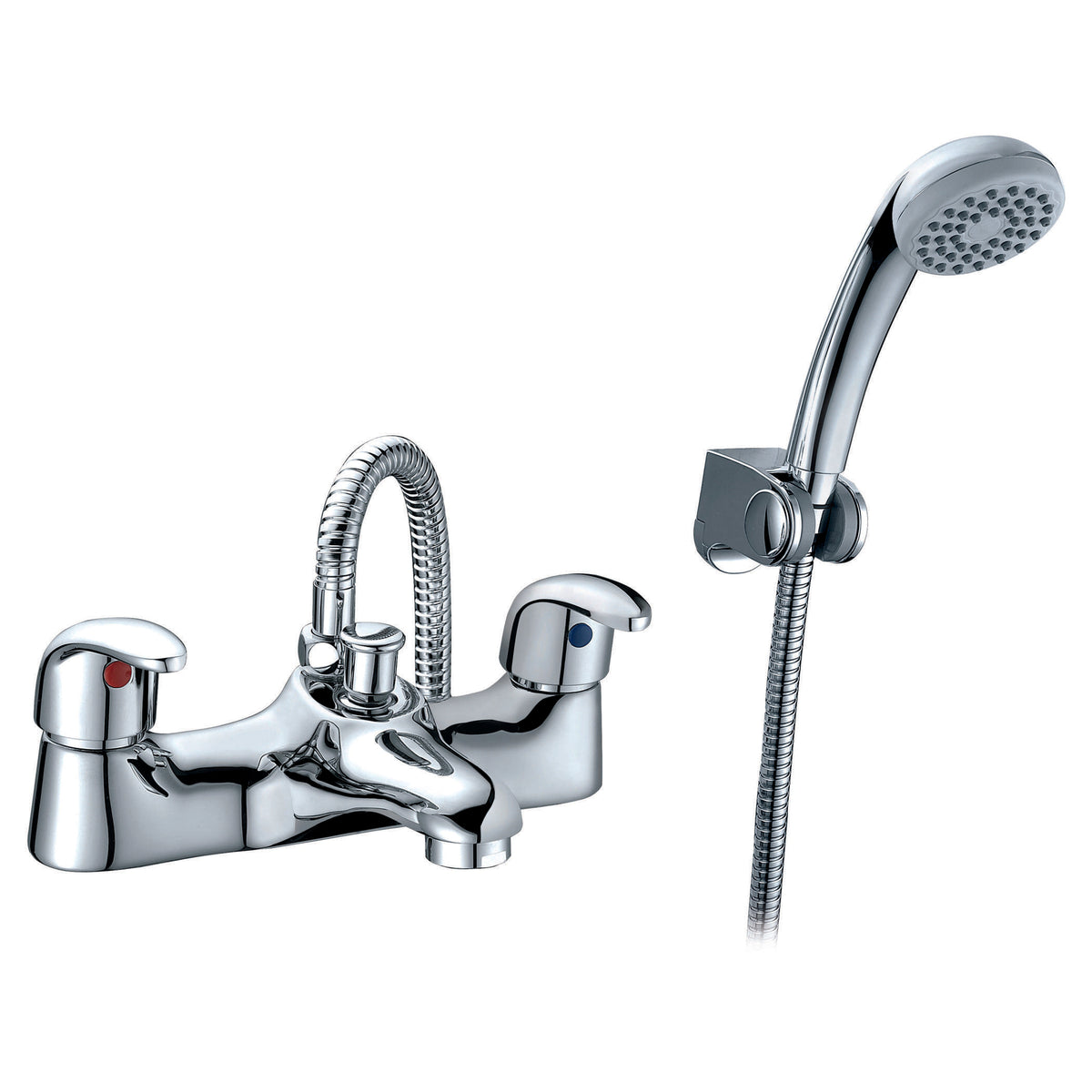 Shiny chrome kitchen and bathroom mixer tap with a flexible shower handpiece on white background. Perfect for modern bathroom renovations and plumbing upgrades.