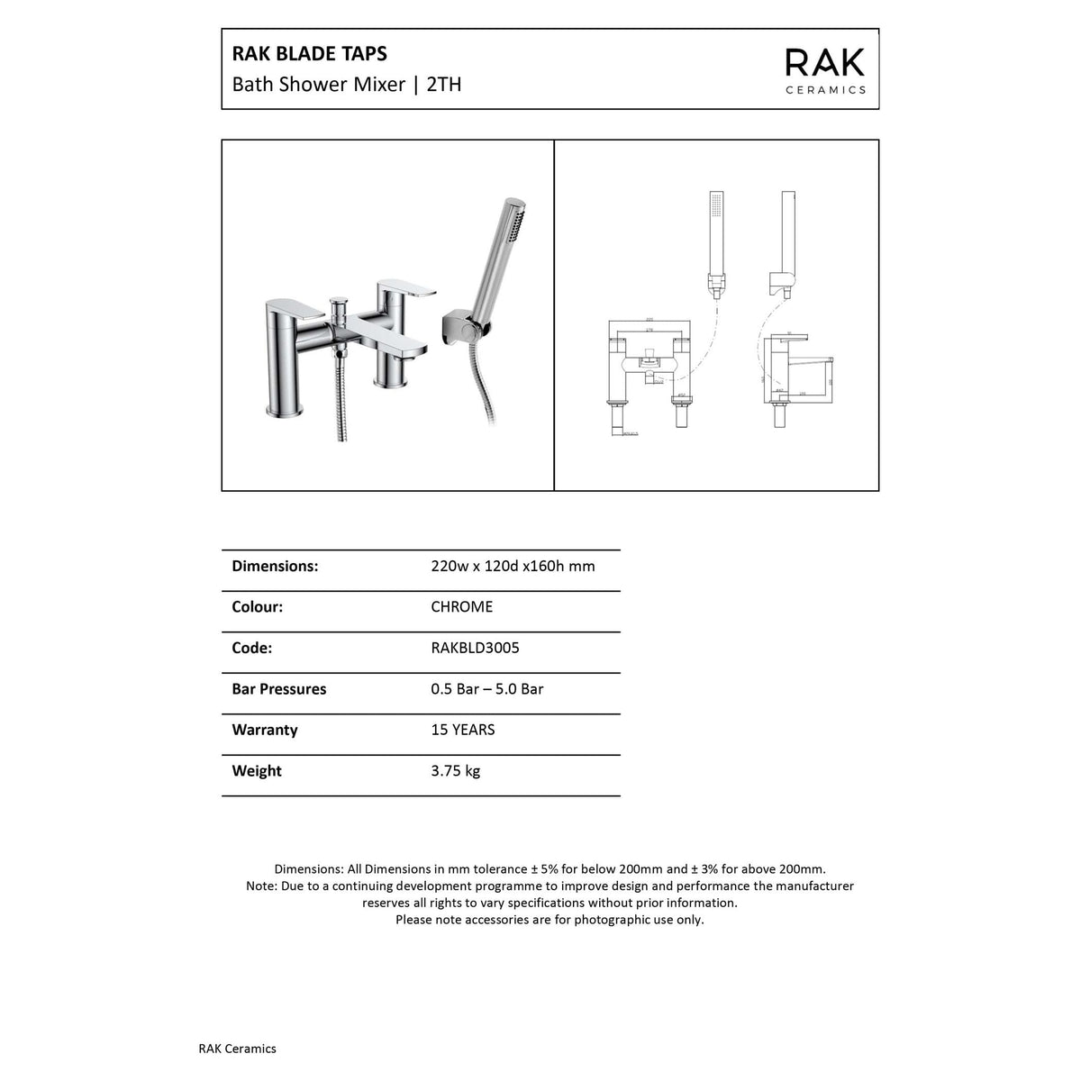 Shiny chrome bath shower mixer with handheld shower head, modern bathroom tap set, RAK Ceramics design for stylish bathroom renovations.