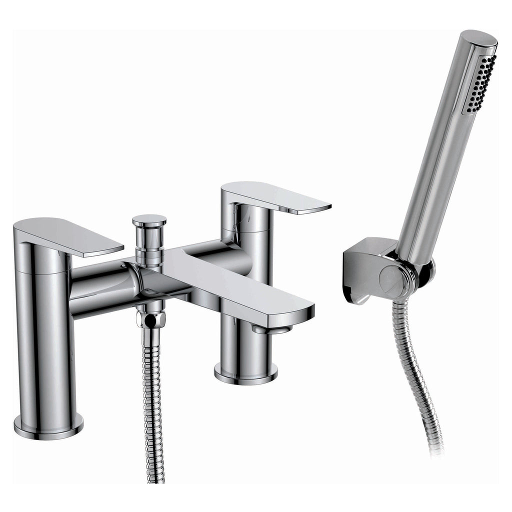 Shiny modern chrome bathroom faucet with hand-held shower attachment, ideal for stylish Bathtub or bathtub installations and enhancing the bathroom decor.