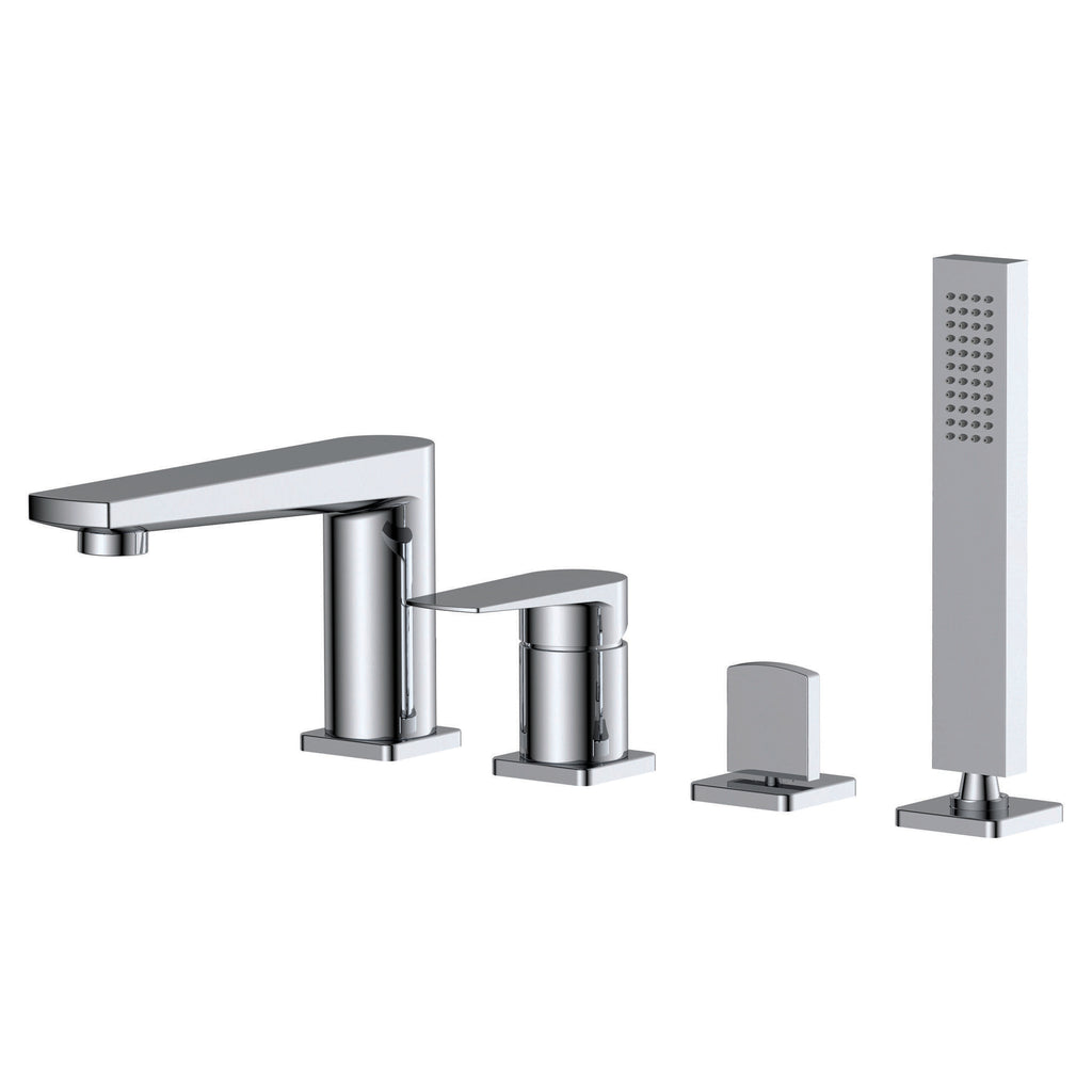 Sleek modern chrome bathroom mixer tap set with separate hand shower and soap dispenser, perfect for stylish contemporary bathrooms.