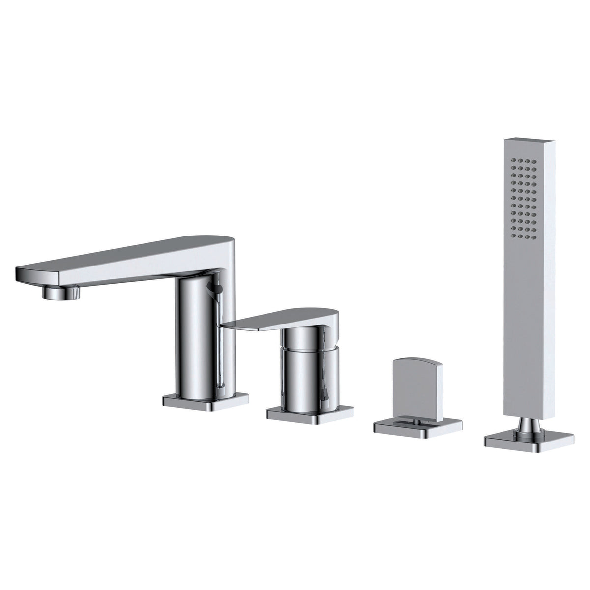 Sleek modern chrome bathroom mixer tap set with separate hand shower and soap dispenser, perfect for stylish contemporary bathrooms.
