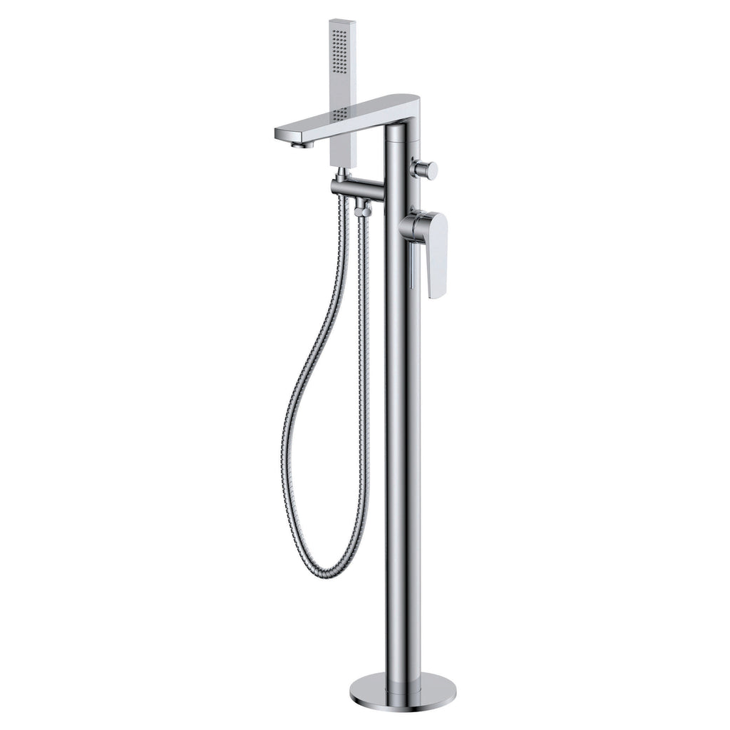 Sleek modern freestanding bathroom shower column with hand shower and chrome finish for contemporary bathroom designs.